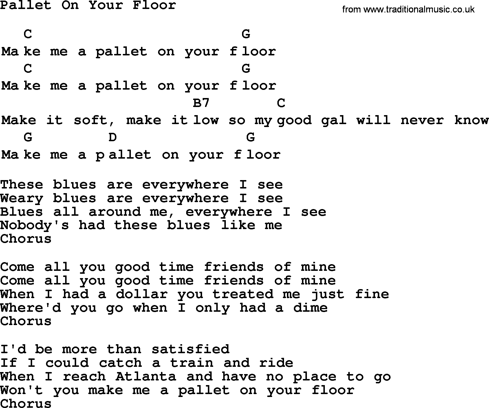 Top 1000 Most Popular Folk and Old-time Songs: Pallet On Your Floor, lyrics and chords