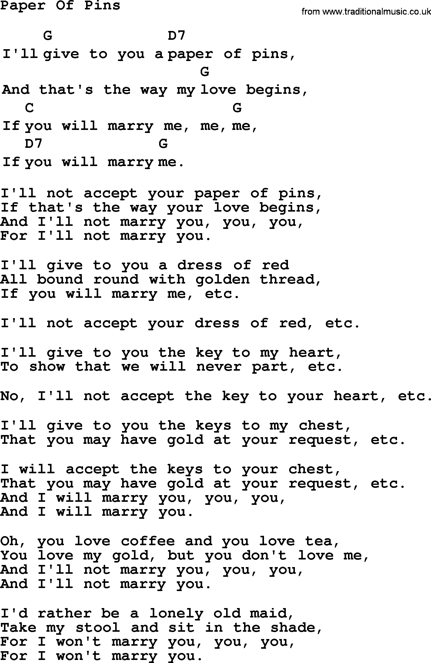 Top 1000 Most Popular Folk and Old-time Songs: Paper Of Pins, lyrics and chords
