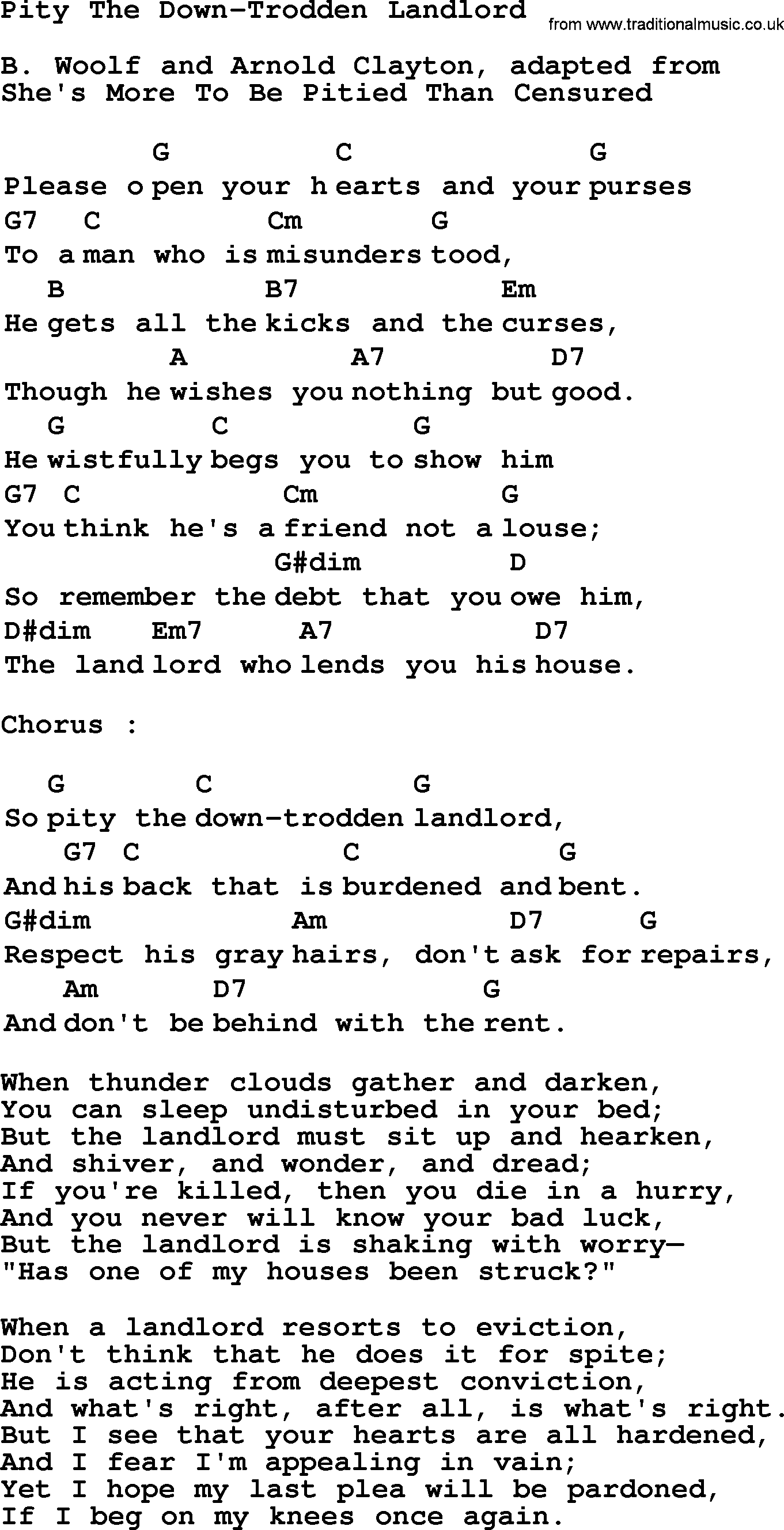 Top 1000 Most Popular Folk and Old-time Songs: Pity The Down-Trodden Landlord, lyrics and chords