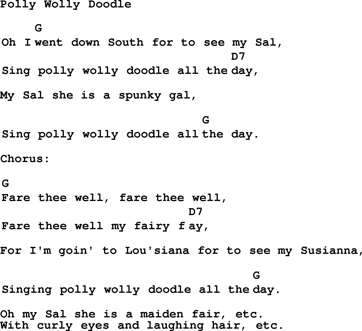 Top 1000 Most Popular Folk and Old-time Songs: Polly Wolly Doodle, lyrics and chords