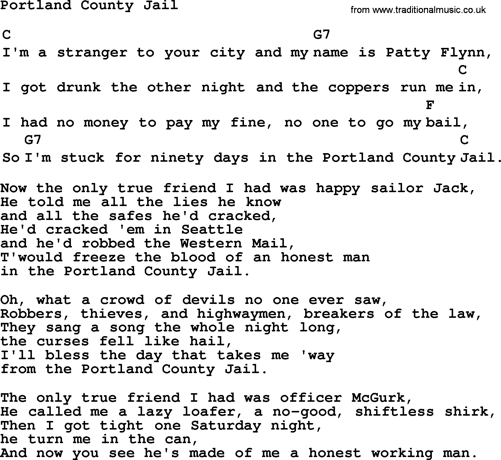 Top 1000 Most Popular Folk and Old-time Songs: Portland County Jail, lyrics and chords