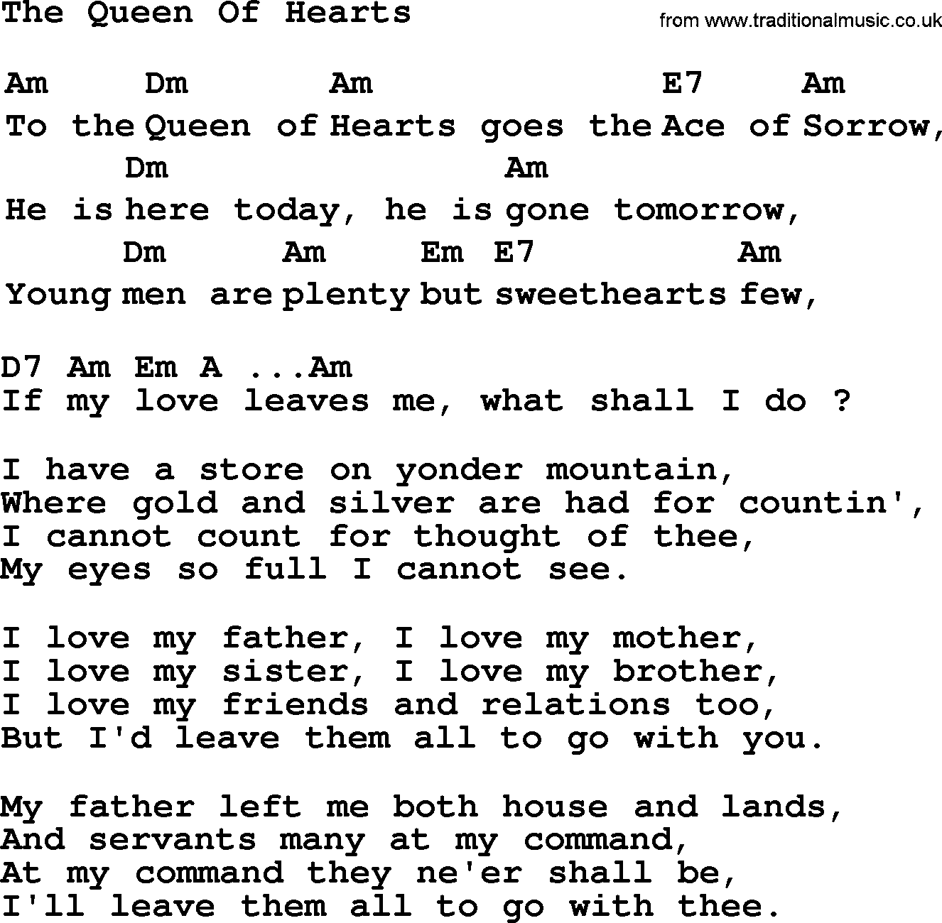 Top 1000 Most Popular Folk and Old-time Songs: Queen Of Hearts, lyrics and chords