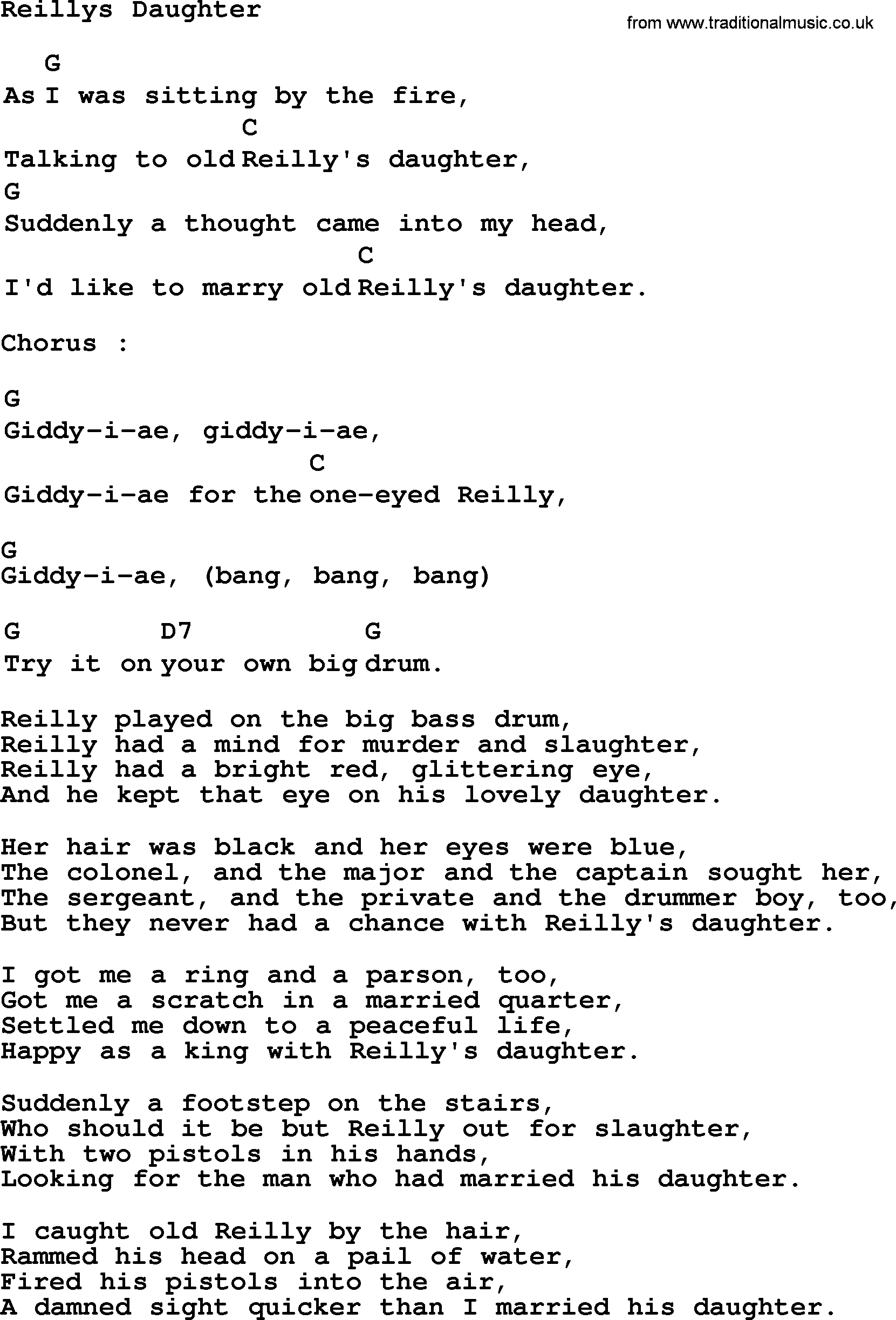 Top 1000 Most Popular Folk and Old-time Songs: Reillys Daughter, lyrics and chords