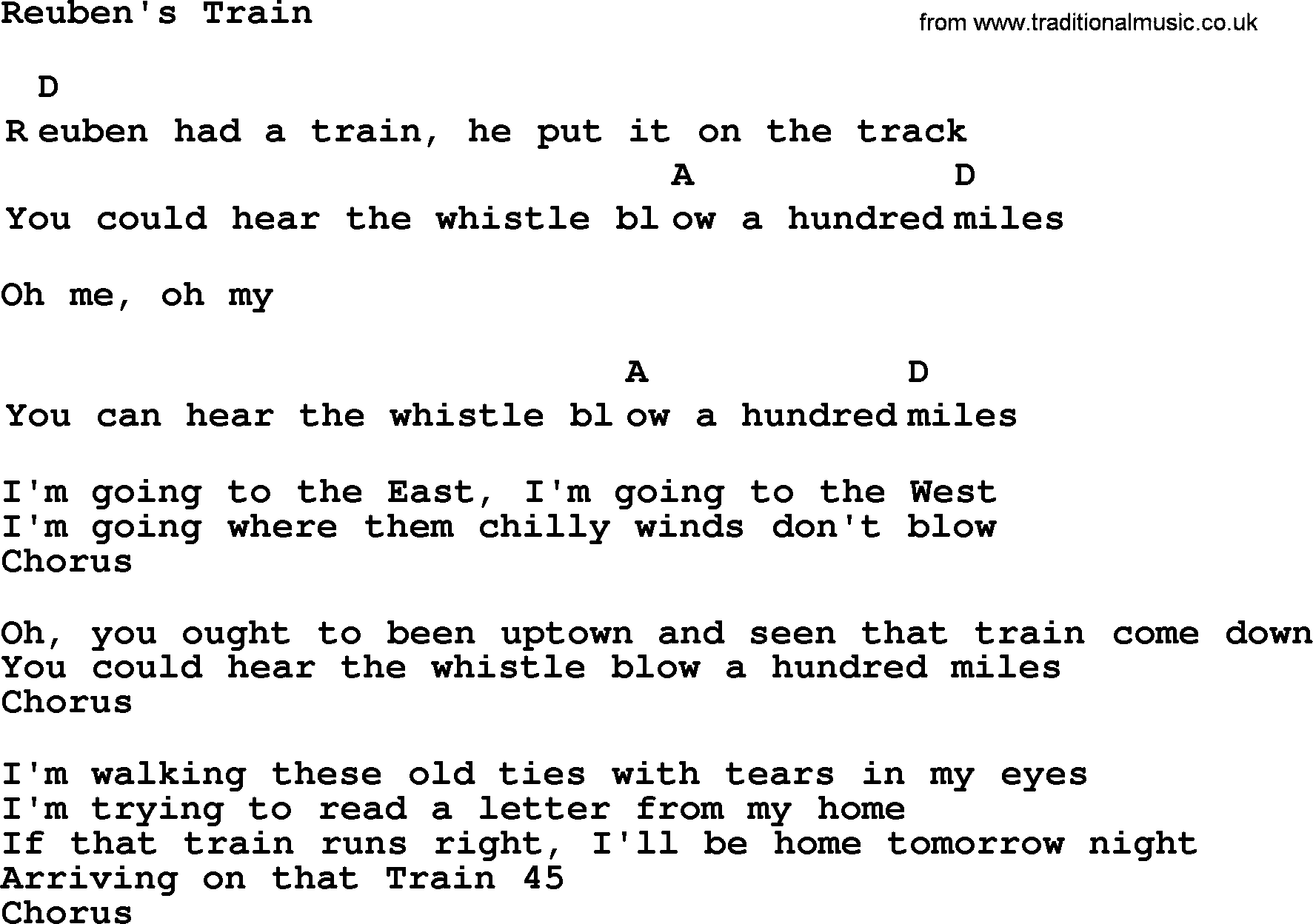 Top 1000 Most Popular Folk and Old-time Songs: Reubens Train, lyrics and chords