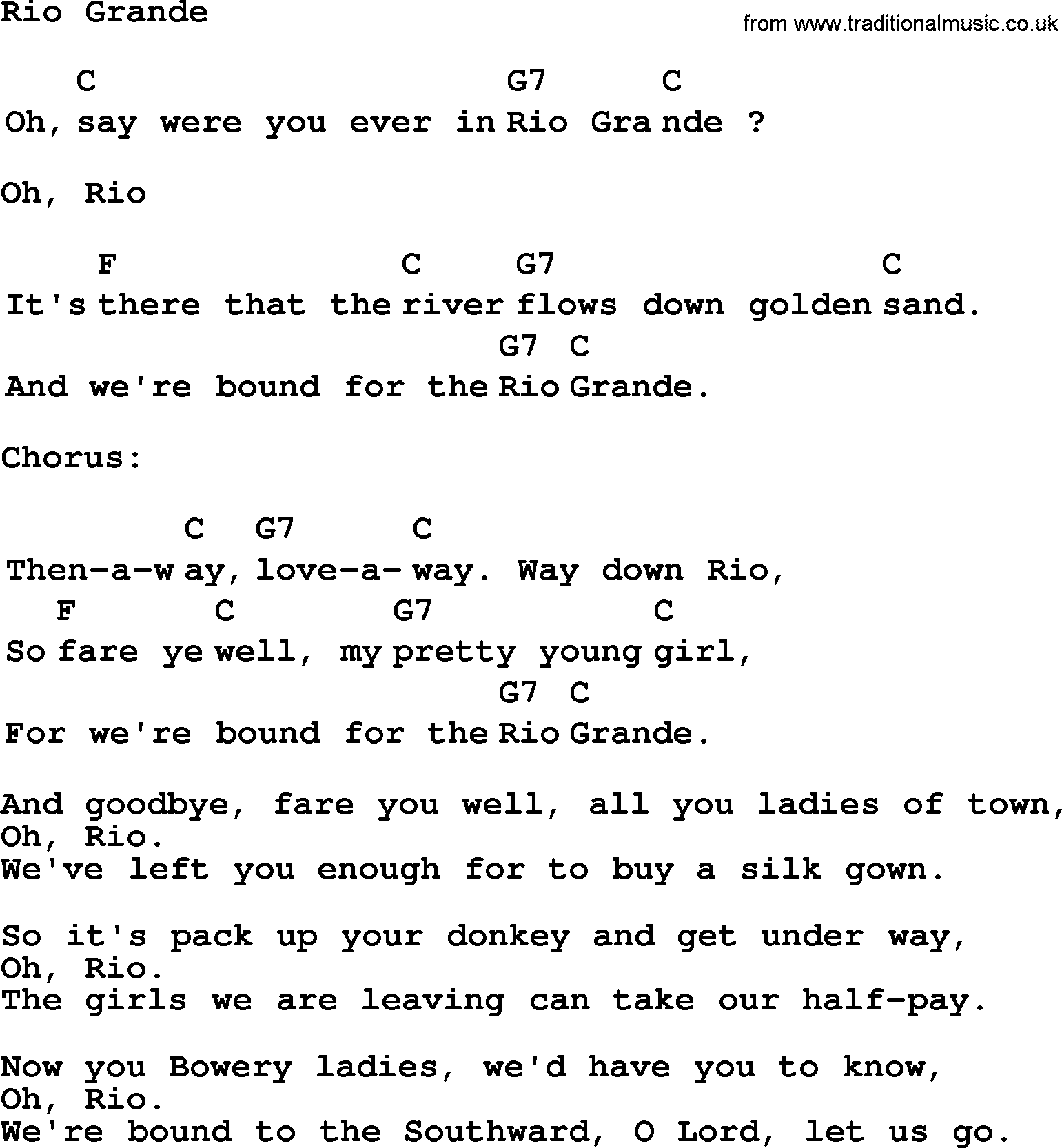 Top 1000 Most Popular Folk and Old-time Songs: Rio Grande, lyrics and chords