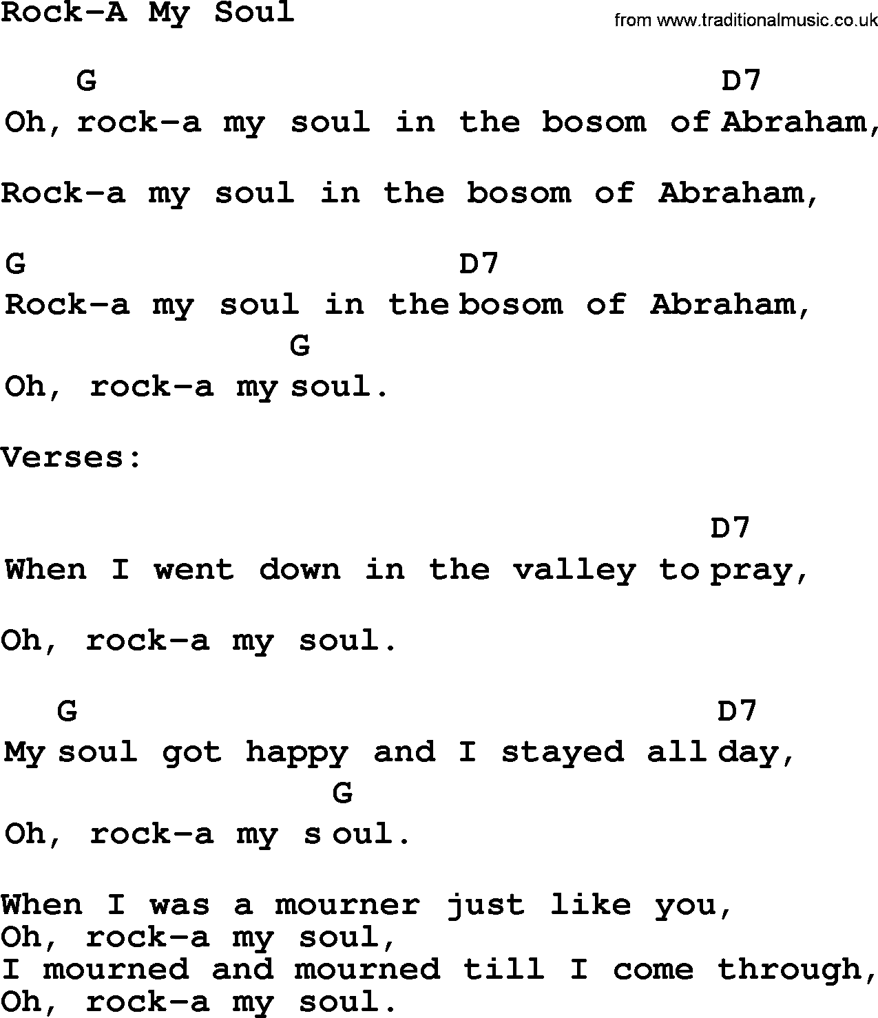 Top 1000 Most Popular Folk and Old-time Songs: Rock-A My Soul, lyrics and chords