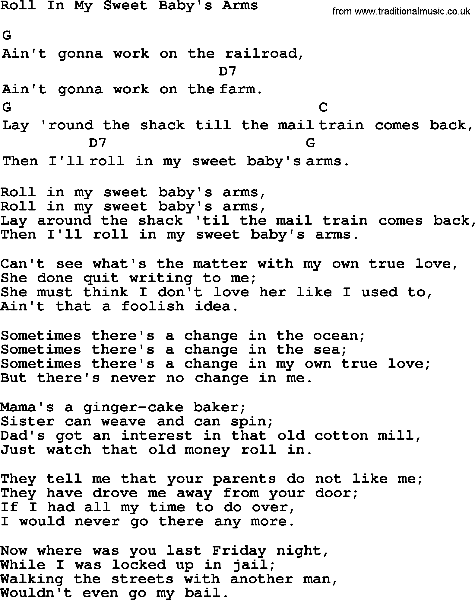 Top 1000 Most Popular Folk and Old-time Songs: Roll In My Sweet Babys Arms, lyrics and chords