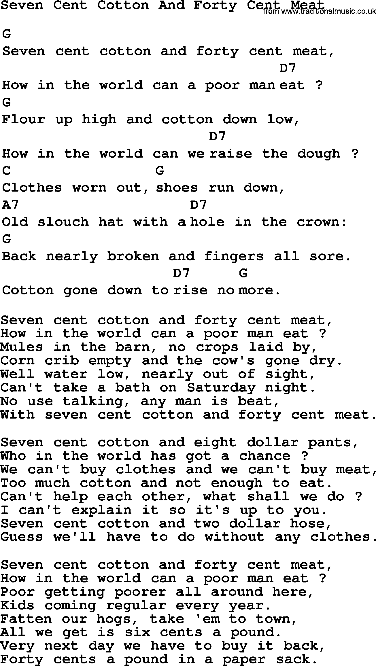 Top 1000 Most Popular Folk and Old-time Songs: Seven Cent Cotton And Forty Cent Meat, lyrics and chords