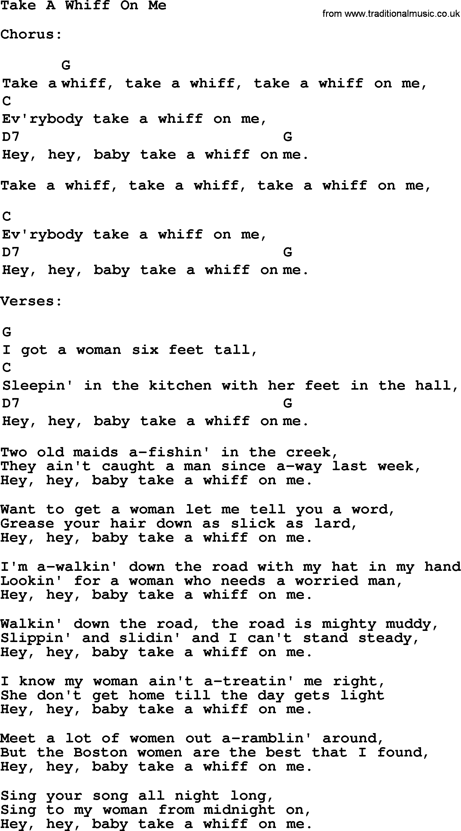 Top 1000 Most Popular Folk and Old-time Songs: Take A Whiff On Me, lyrics and chords
