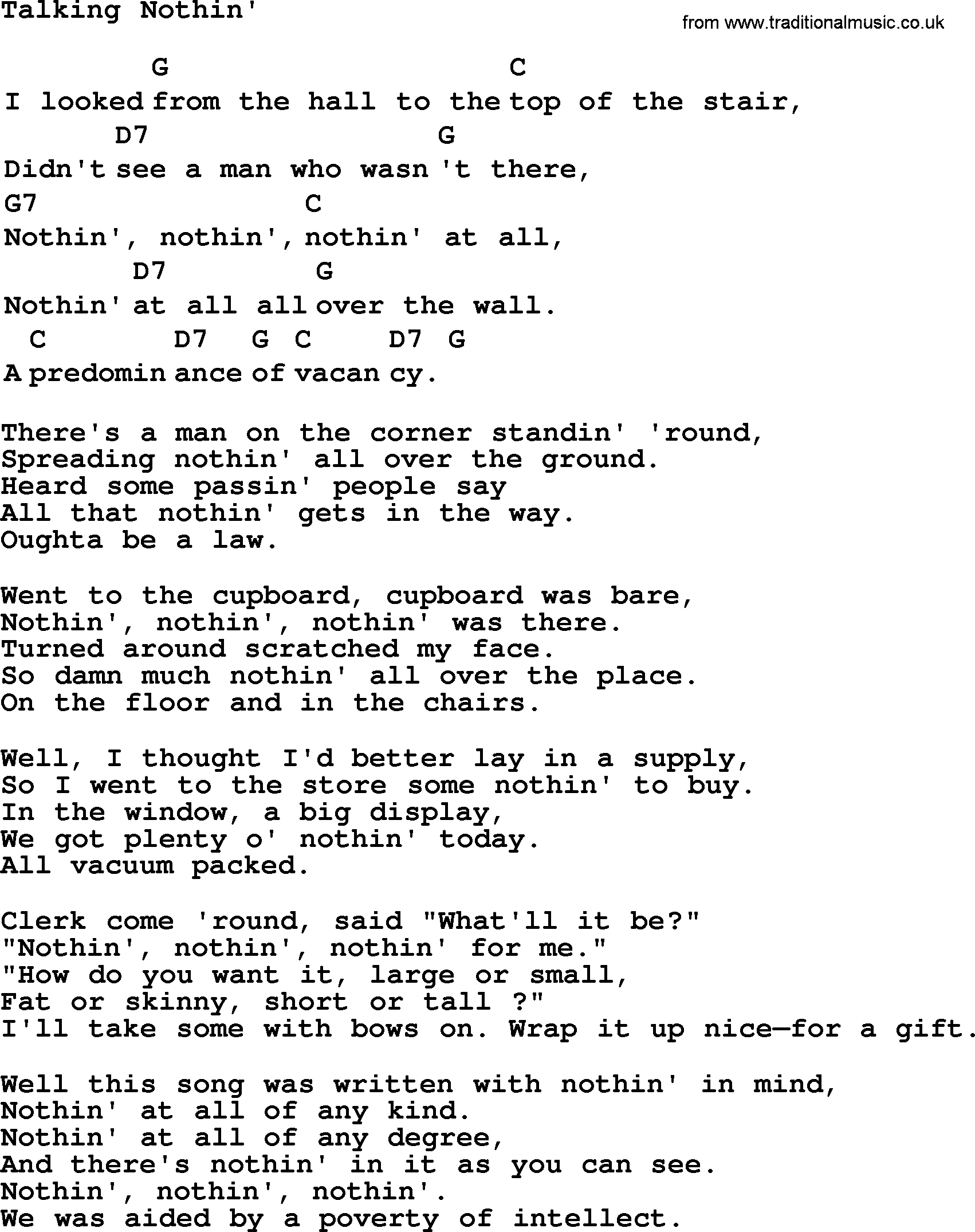 Top 1000 Most Popular Folk and Old-time Songs: Talking Nothin, lyrics and chords