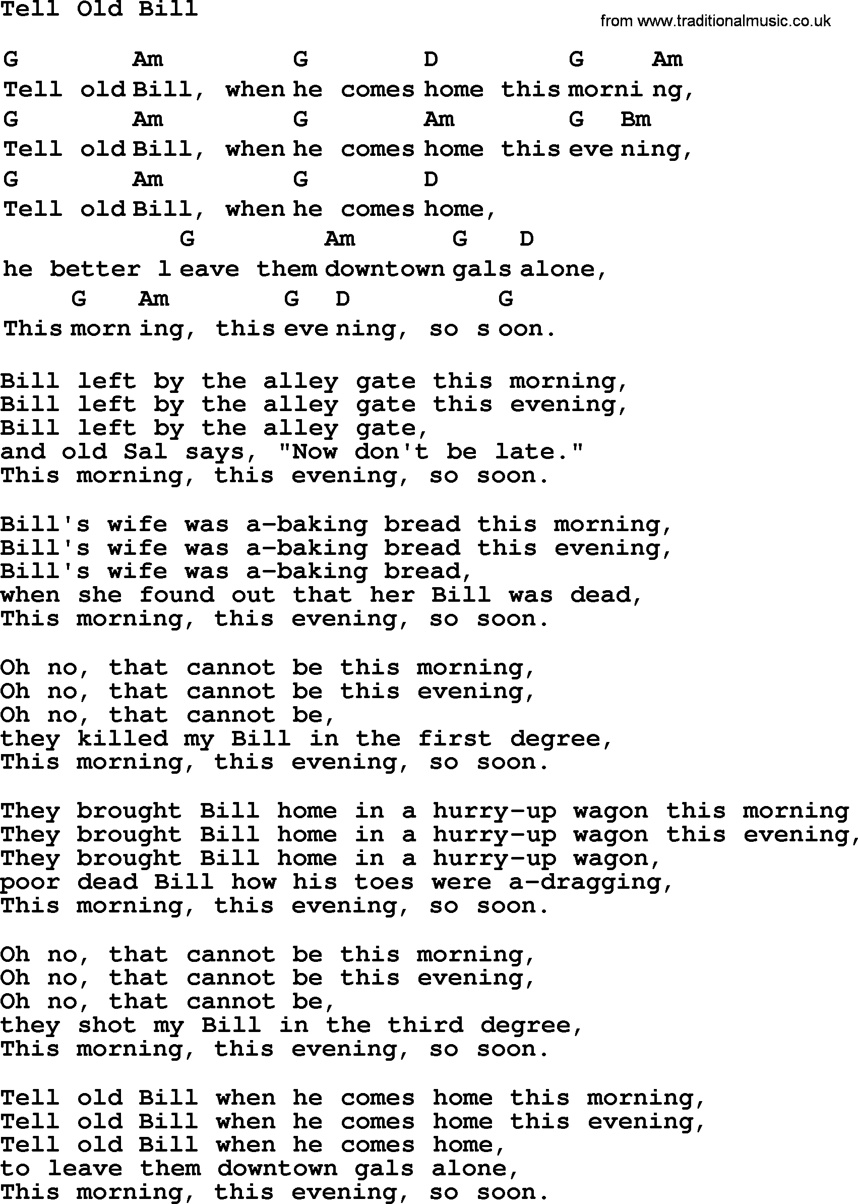Top 1000 Most Popular Folk and Old-time Songs: Tell Old Bill, lyrics and chords