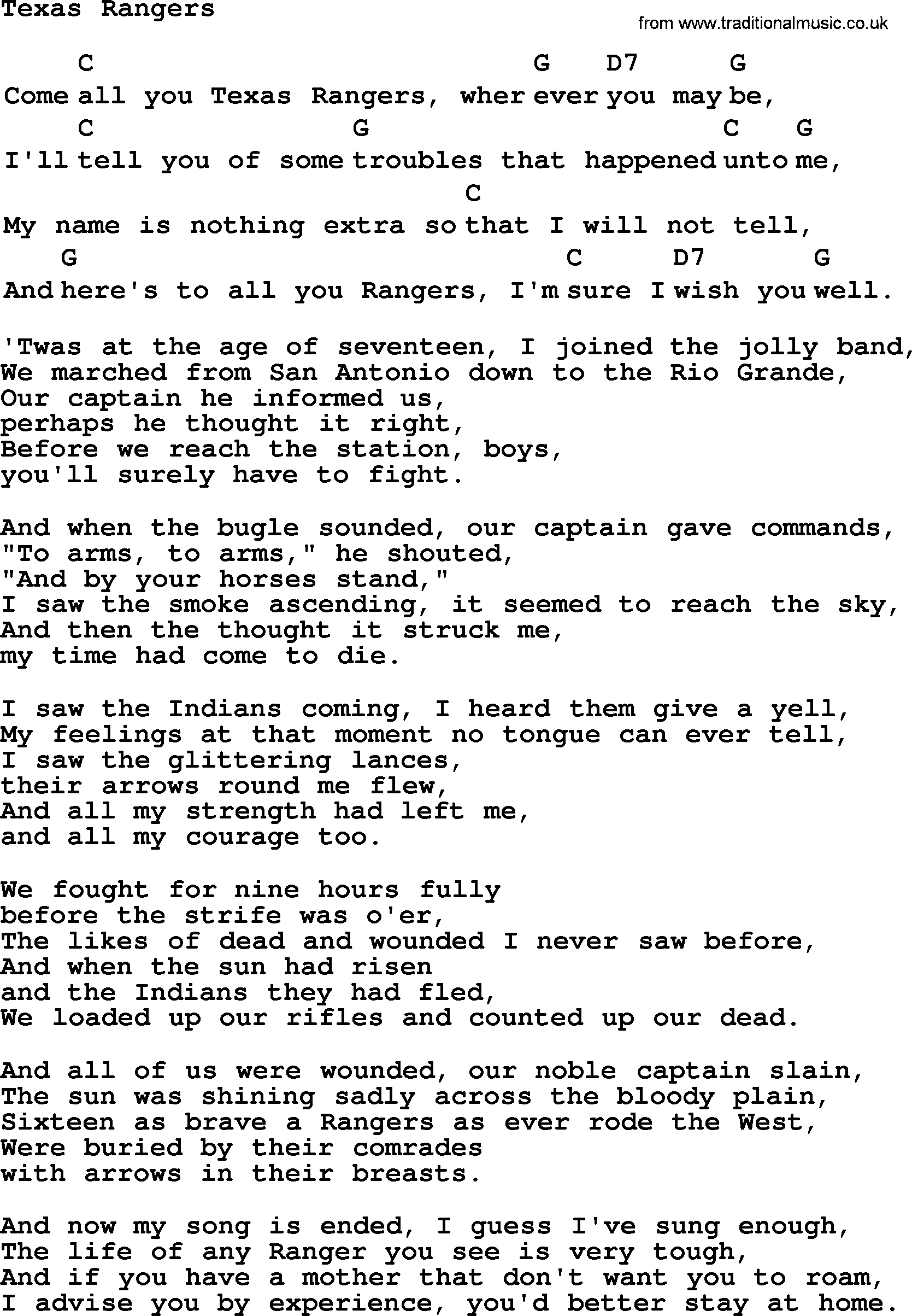 Top 1000 Most Popular Folk and Old-time Songs: Texas Rangers, lyrics and chords