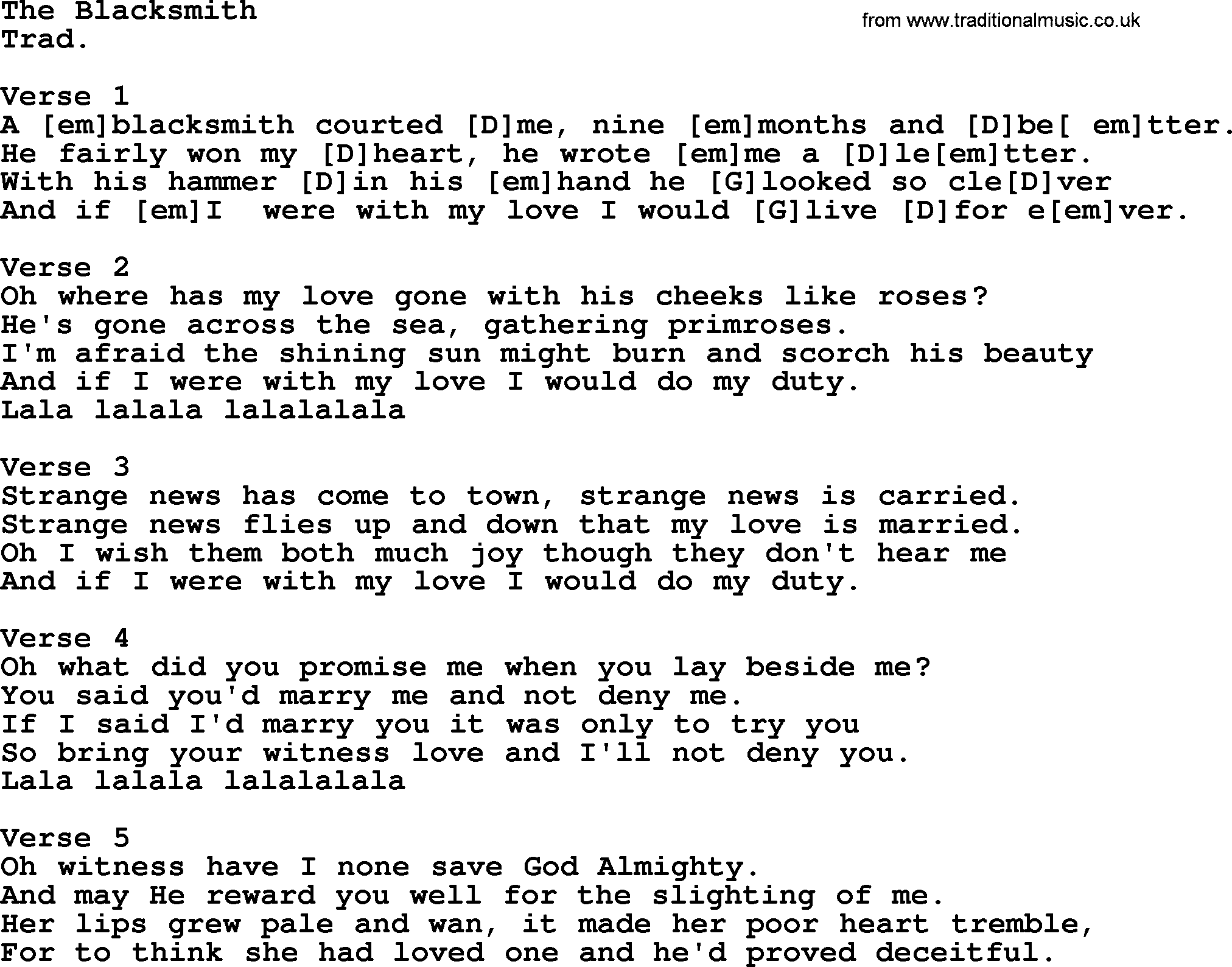 Top 1000 Most Popular Folk and Old-time Songs: The Blacksmith, lyrics and chords