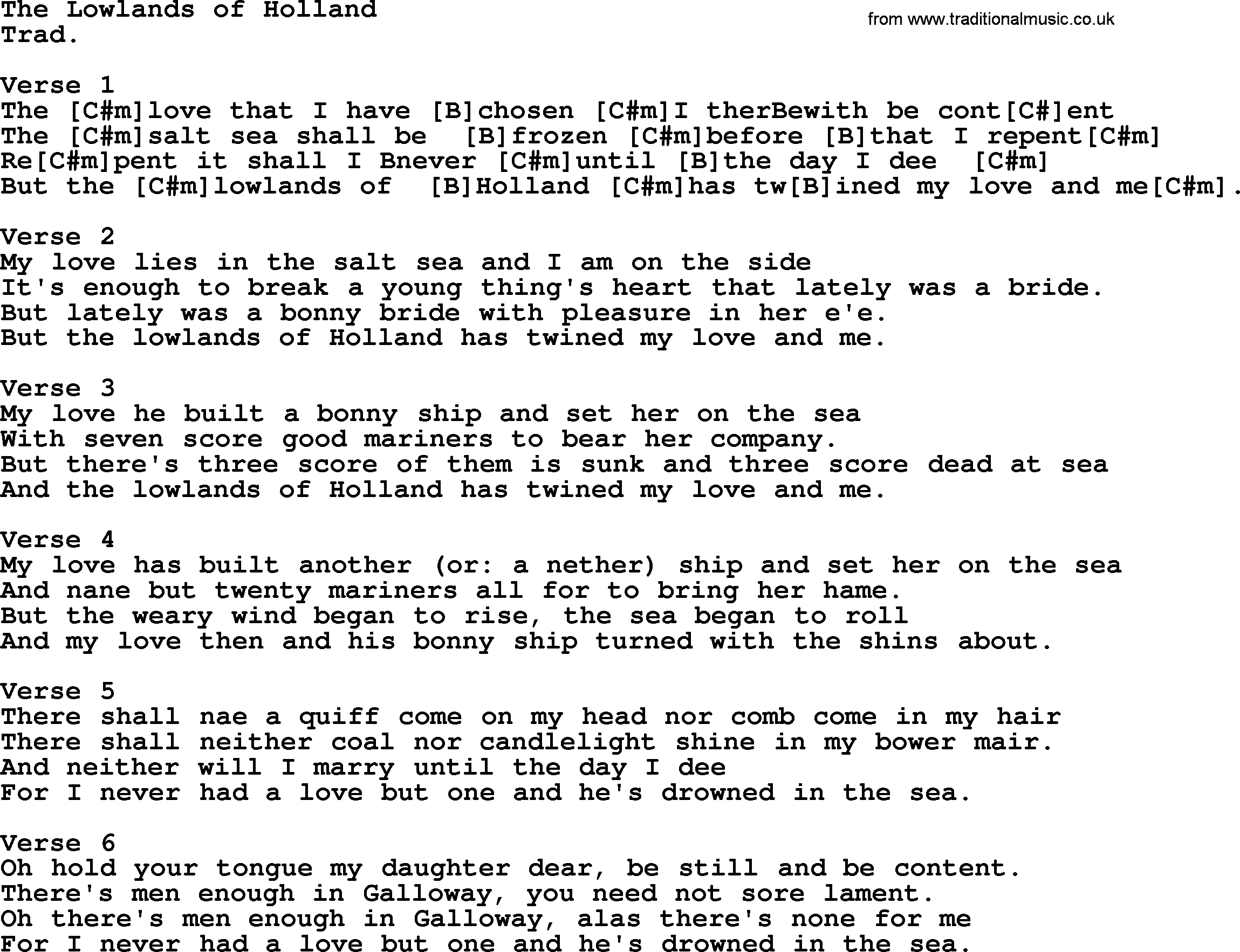 Top 1000 Most Popular Folk and Old-time Songs: The Lowlands Of Holland, lyrics and chords