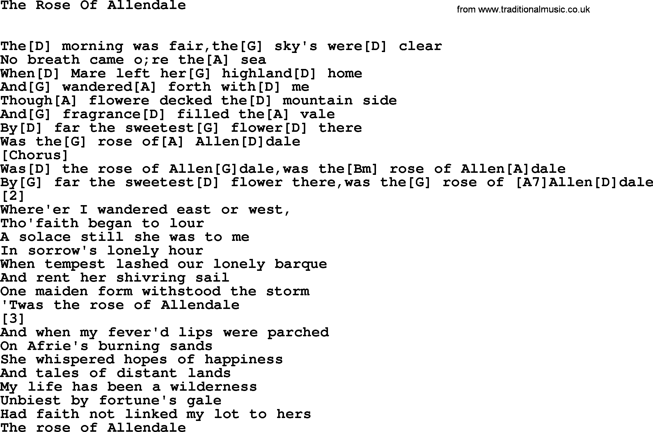 Top 1000 Most Popular Folk and Old-time Songs: The Rose Of Allendale, lyrics and chords
