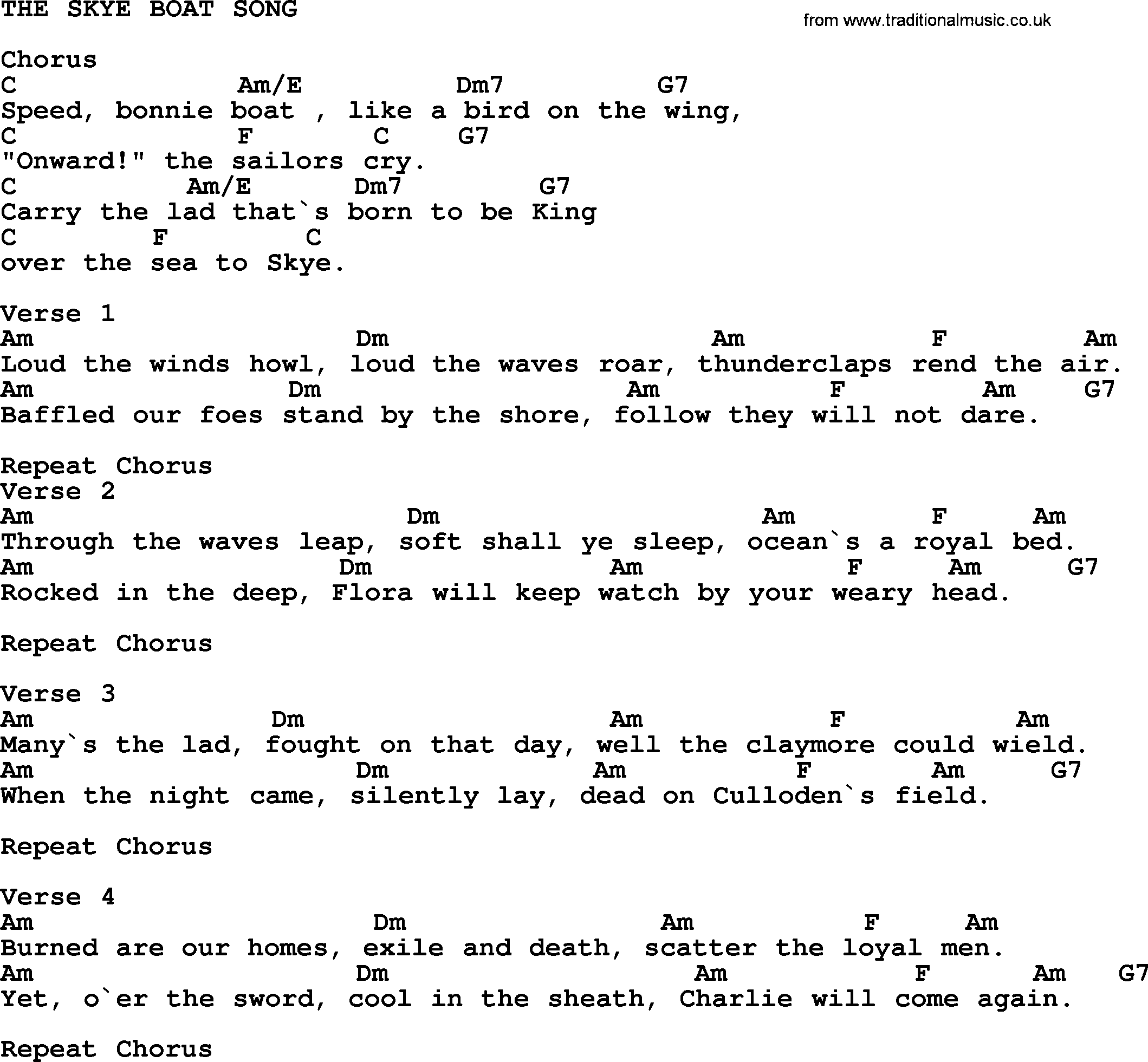 Top 1000 Most Popular Folk and Old-time Songs: The Skye Boat Song, lyrics and chords