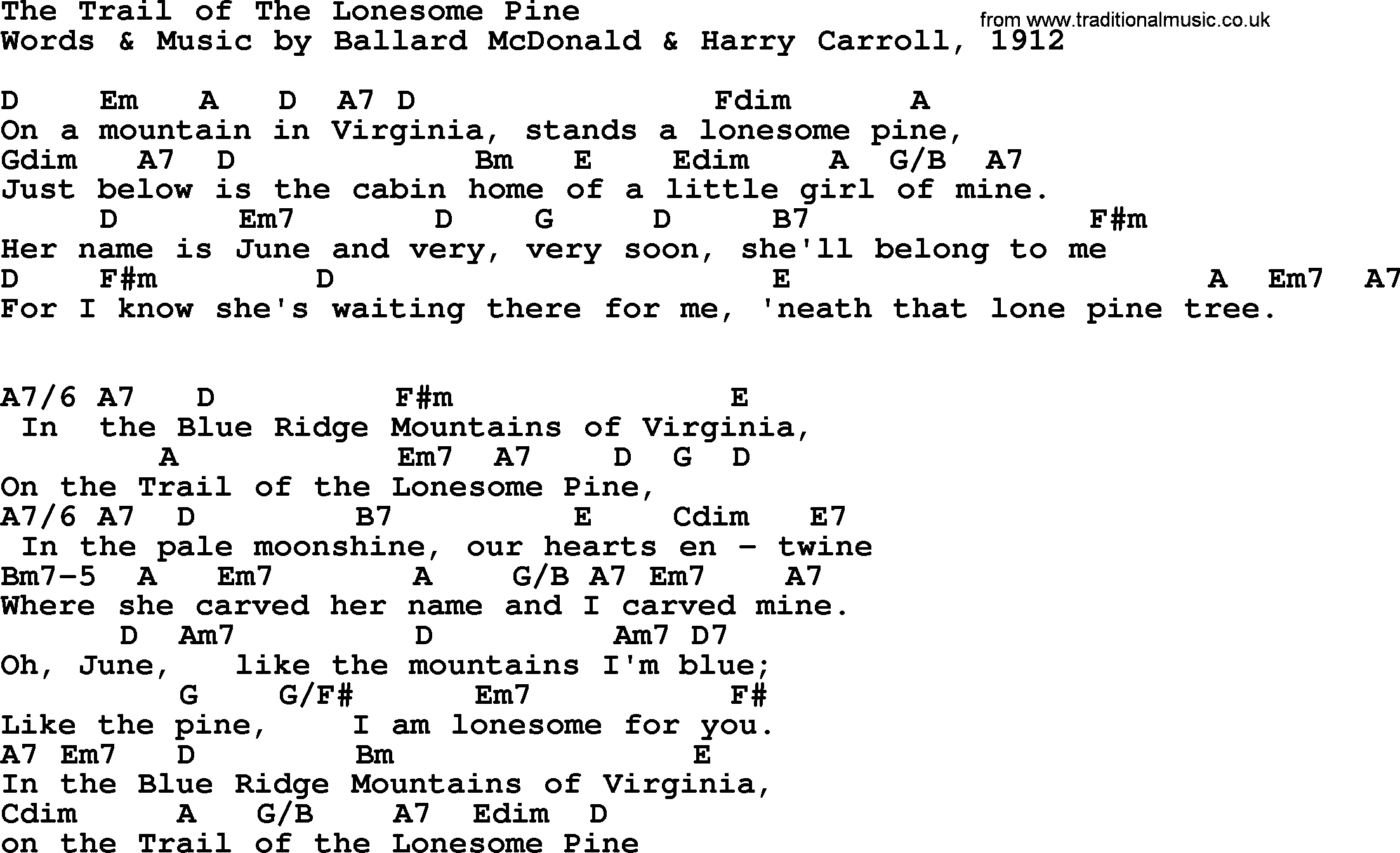 Top 1000 Most Popular Folk and Old-time Songs: The Trail Of The Lonesome Pine, lyrics and chords