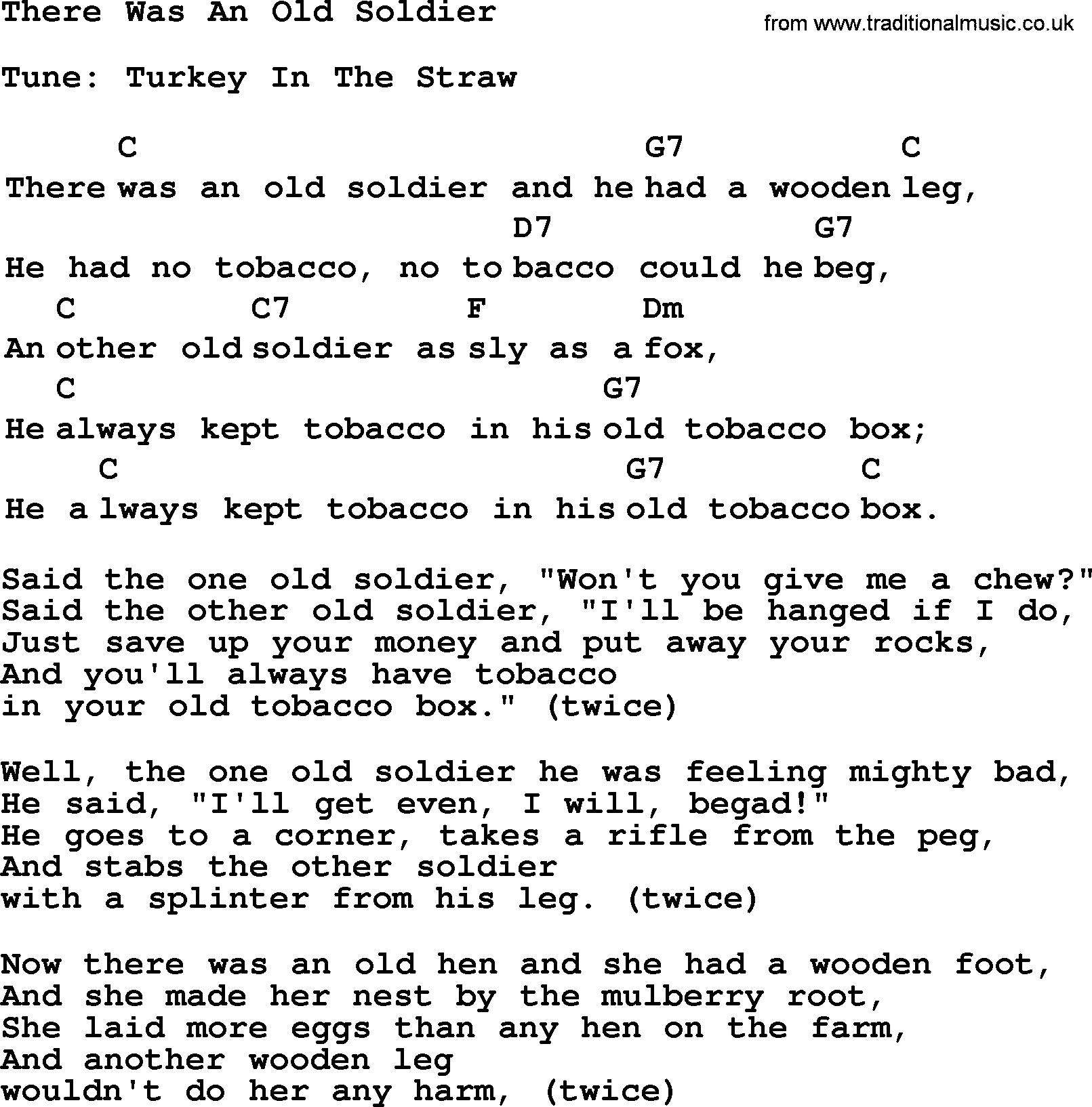 Top 1000 Most Popular Folk and Old-time Songs: There Was An Old Soldier, lyrics and chords