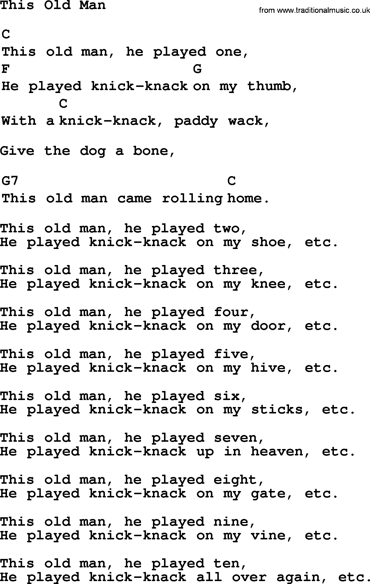 Top 1000 Most Popular Folk and Old-time Songs: This Old Man, lyrics and chords