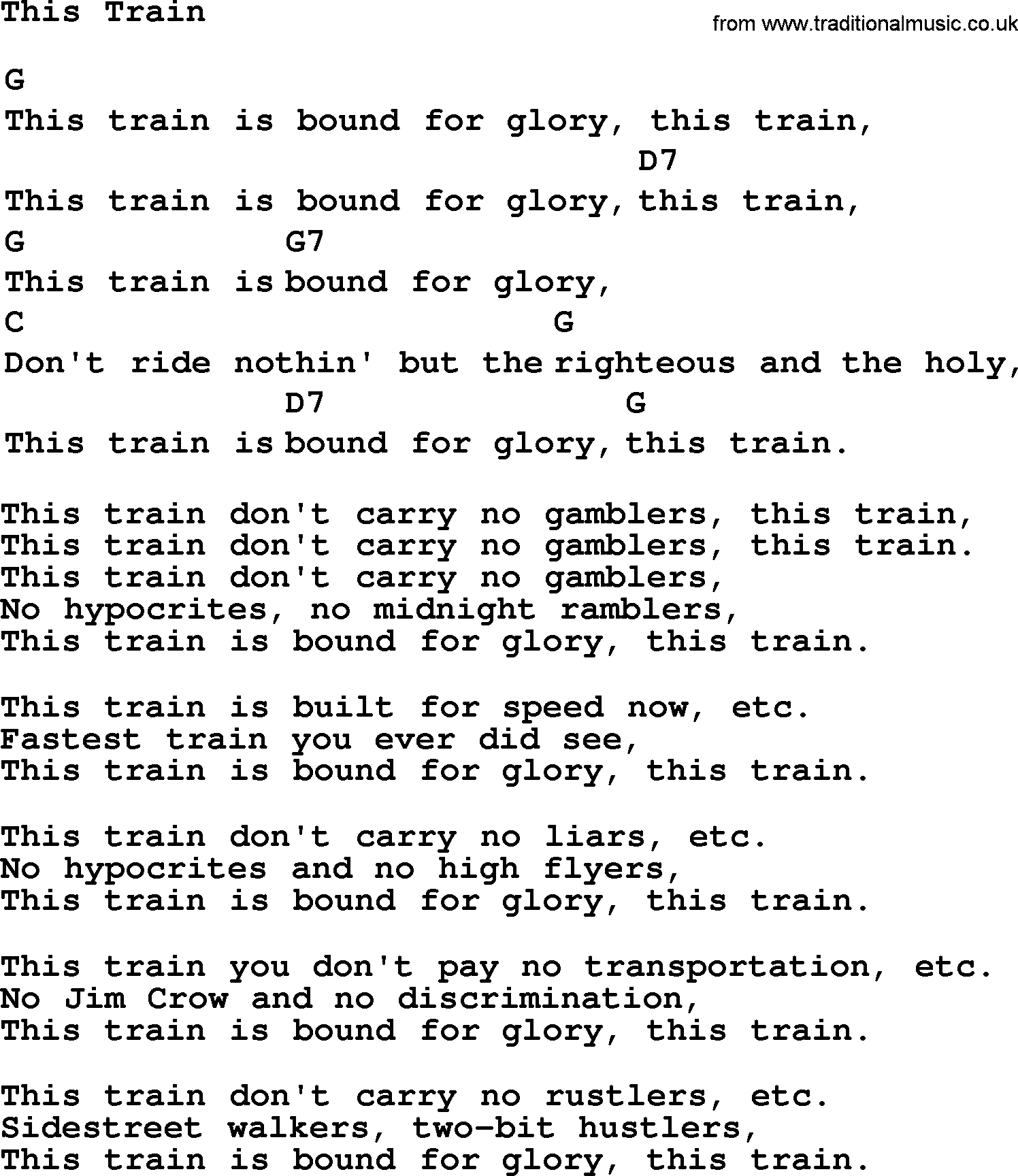 Top 1000 Most Popular Folk and Old-time Songs: This Train, lyrics and chords