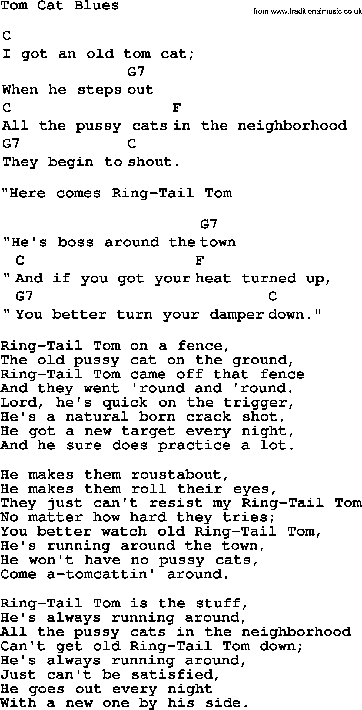 Top 1000 Most Popular Folk and Old-time Songs: Tom Cat Blues, lyrics and chords