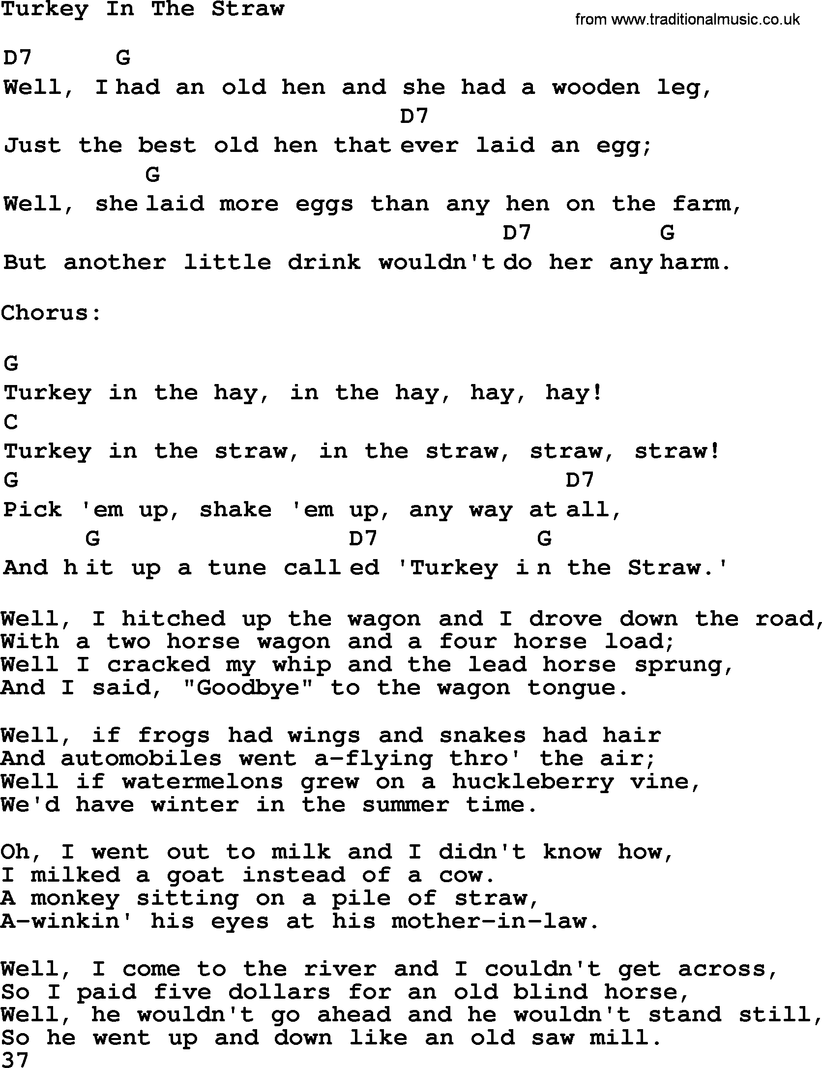 Top 1000 Most Popular Folk and Old-time Songs: Turkey In The Straw, lyrics and chords