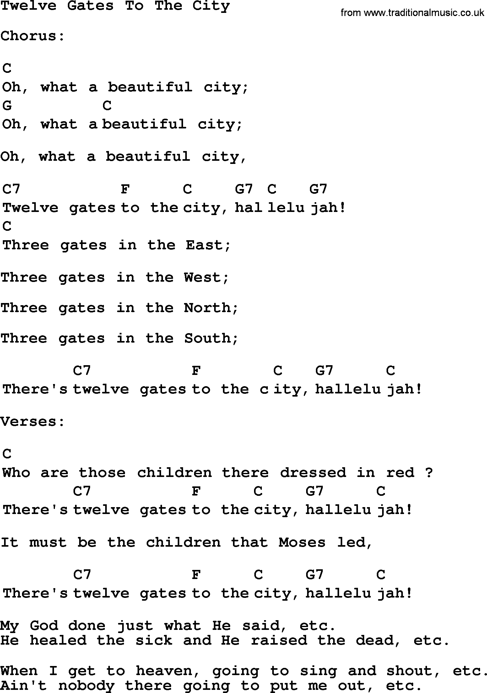 Top 1000 Most Popular Folk and Old-time Songs: Twelve Gates To The City, lyrics and chords
