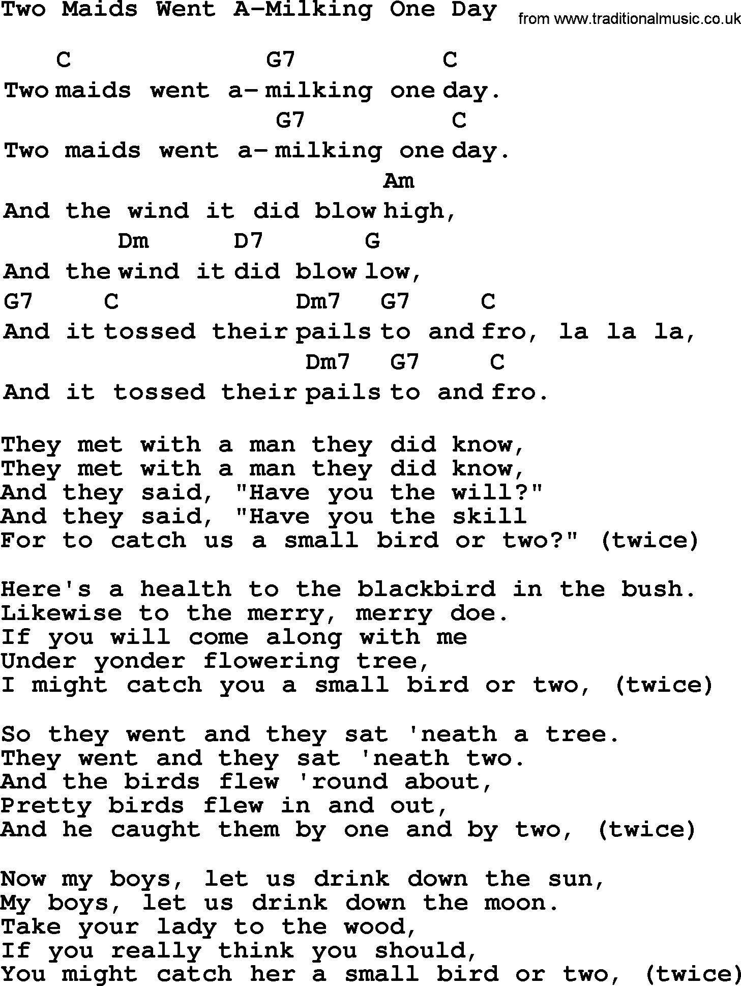 Top 1000 Most Popular Folk and Old-time Songs: Two Maids Went A-Milking One Day, lyrics and chords