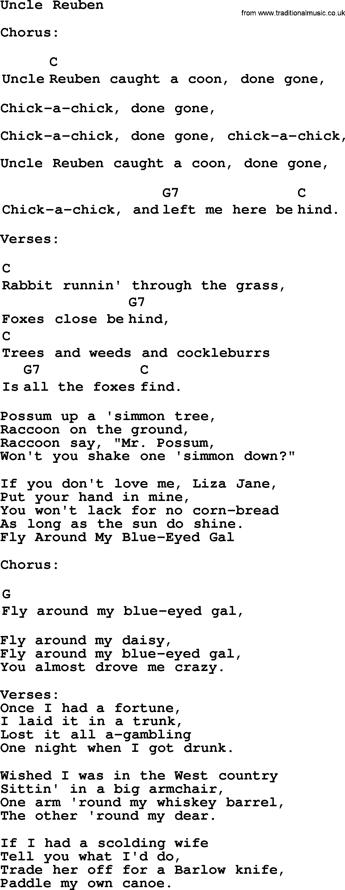 Top 1000 Most Popular Folk and Old-time Songs: Uncle Reuben, lyrics and chords