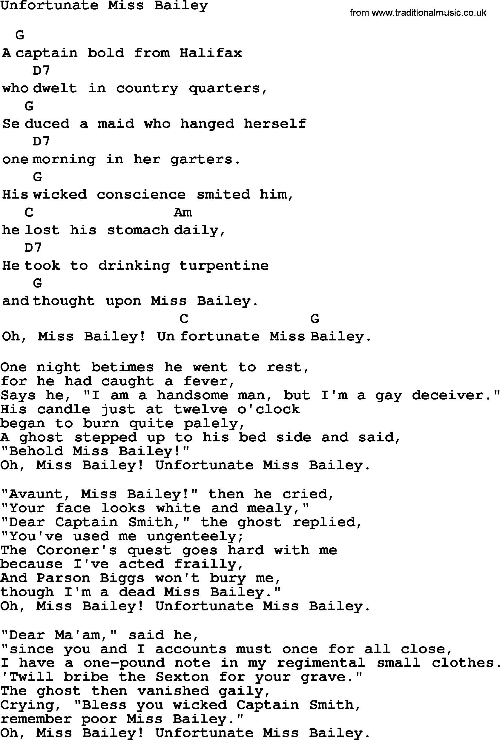 Top 1000 Most Popular Folk and Old-time Songs: Unfortunate Miss Bailey, lyrics and chords