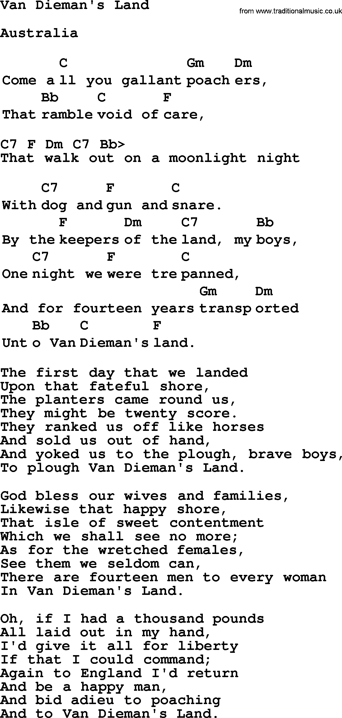 Top 1000 Most Popular Folk and Old-time Songs: Van Diemans Land, lyrics and chords