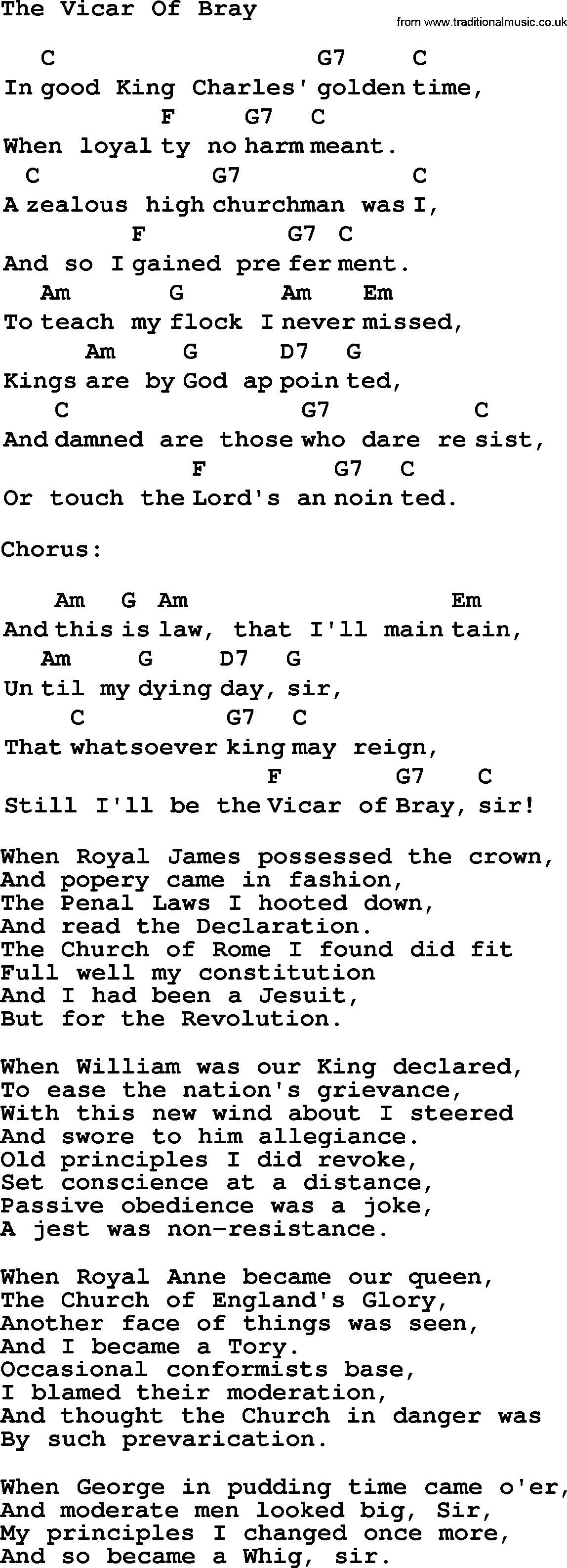 Top 1000 Most Popular Folk and Old-time Songs: Vicar Of Bray, lyrics and chords