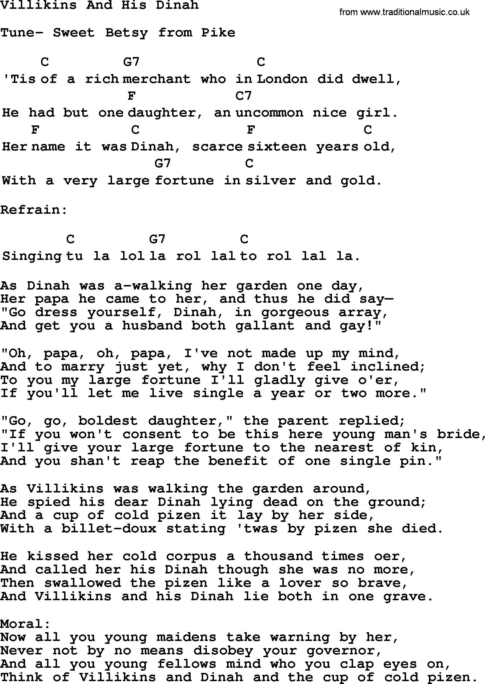 Top 1000 Most Popular Folk and Old-time Songs: Villikins And His Dinah, lyrics and chords