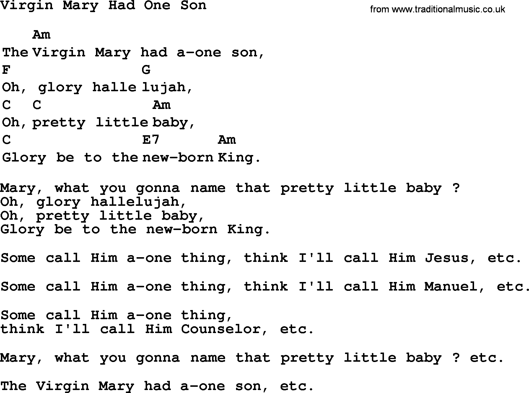 Top 1000 Most Popular Folk and Old-time Songs: Virgin Mary Had One Son, lyrics and chords