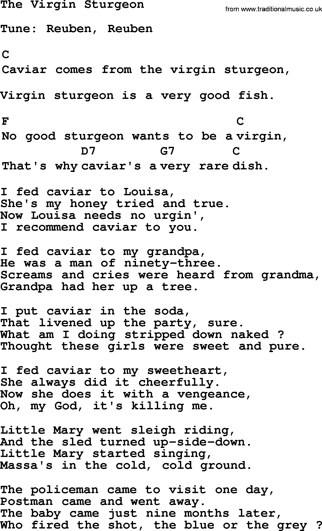 Top 1000 Most Popular Folk and Old-time Songs: Virgin Sturgeon, lyrics and chords