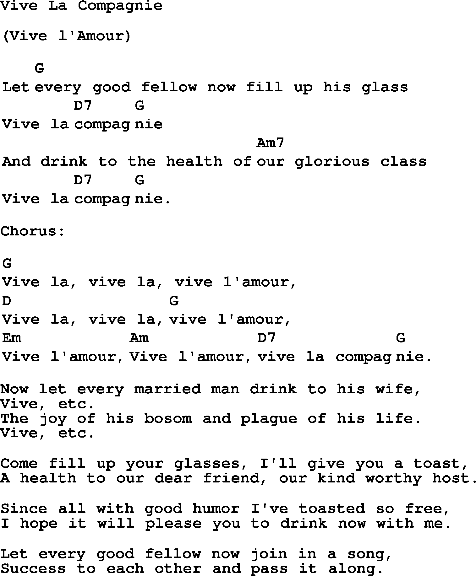 Top 1000 Most Popular Folk and Old-time Songs: Vive La Compagnie, lyrics and chords