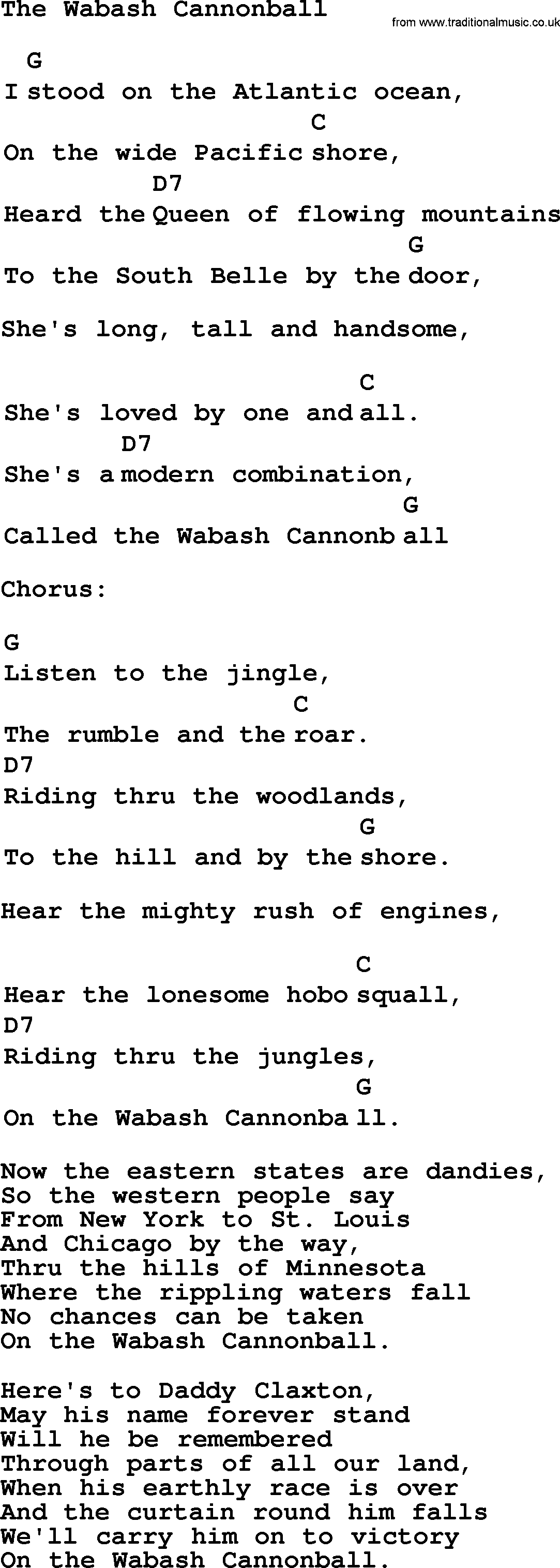Top 1000 Most Popular Folk and Old-time Songs: Wabash Cannonball, lyrics and chords