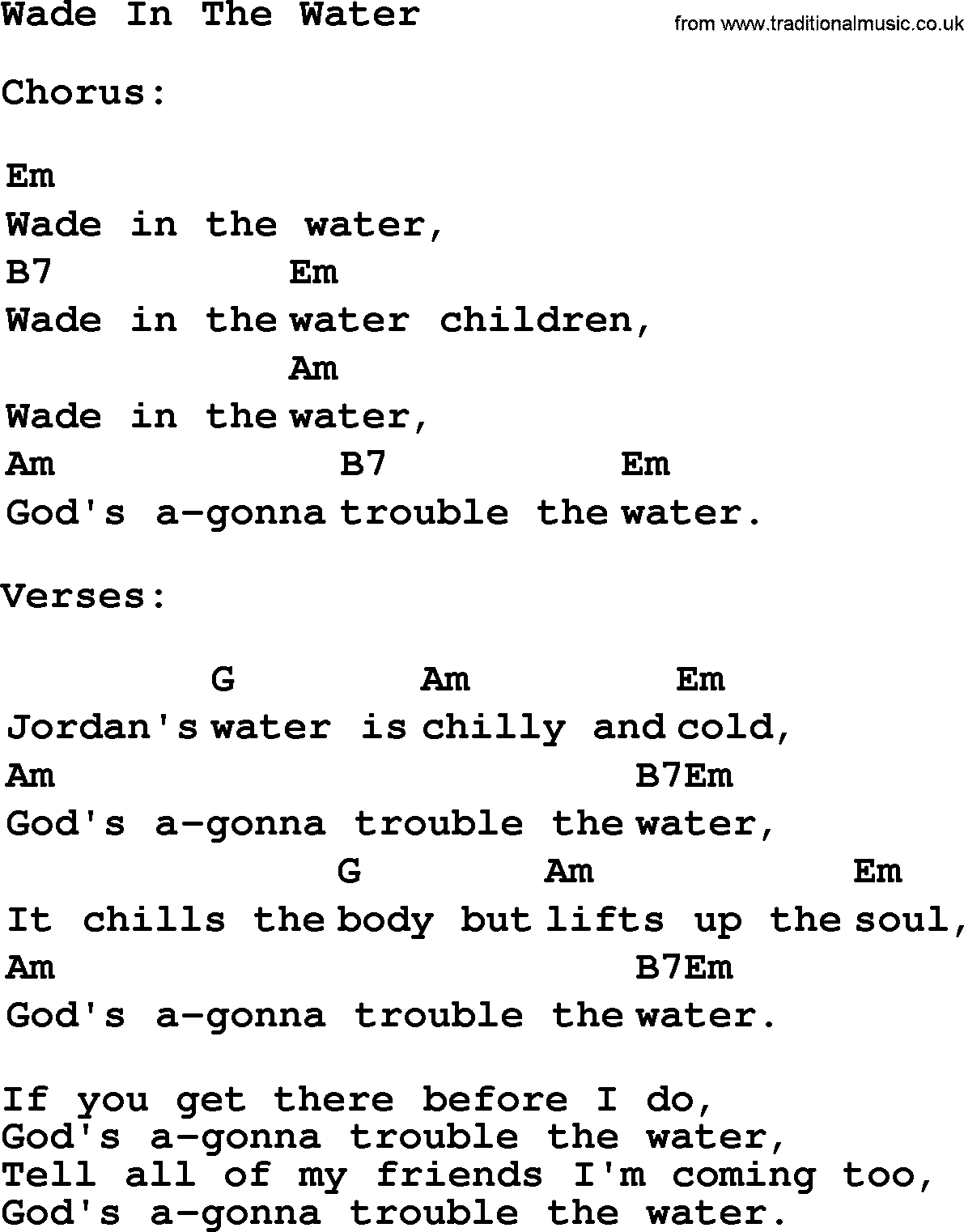 Top 1000 Most Popular Folk and Old-time Songs: Wade In The Water, lyrics and chords