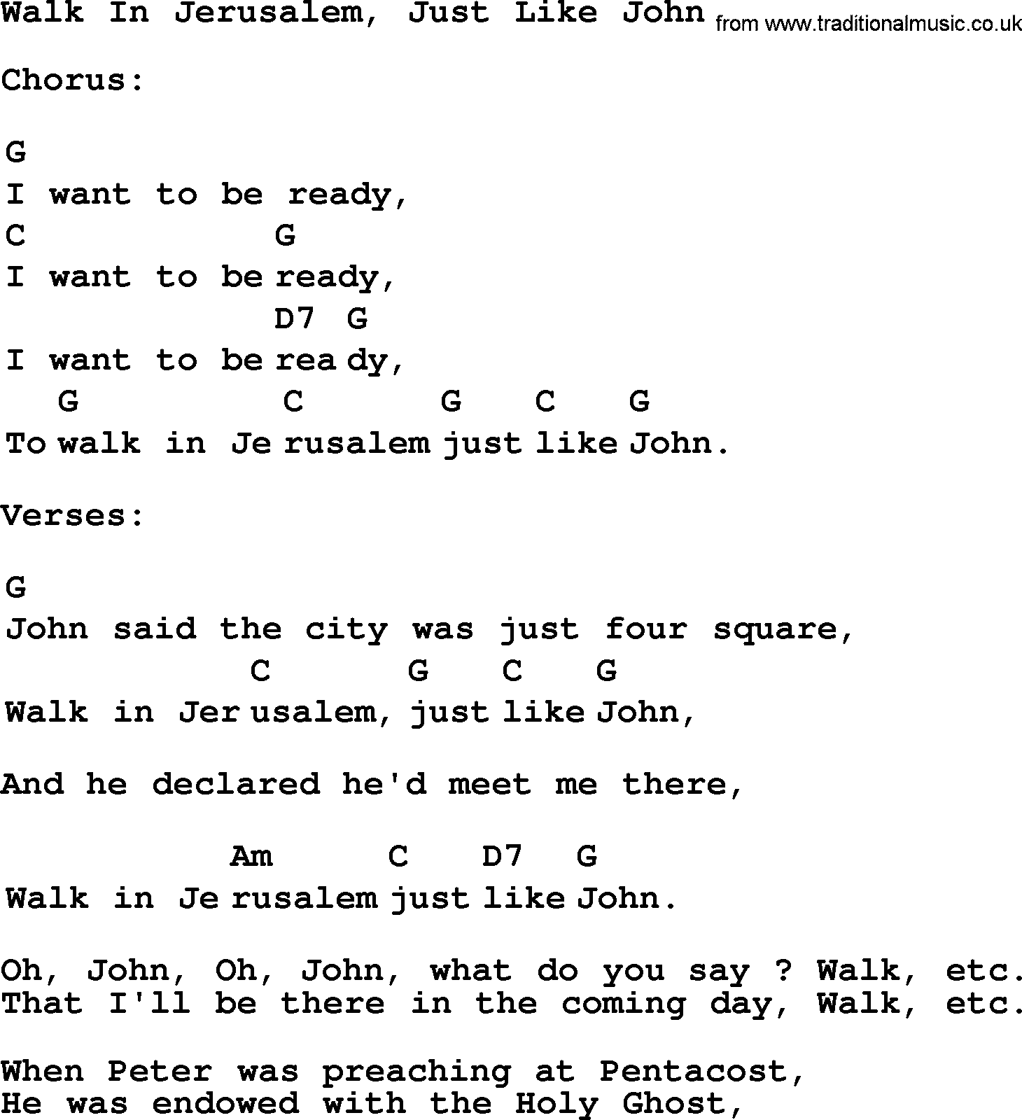 Top 1000 Most Popular Folk and Old-time Songs: Walk In Jerusalem, Just Like John, lyrics and chords