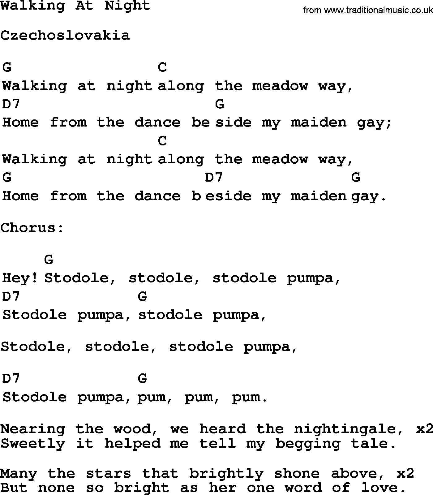 Top 1000 Most Popular Folk and Old-time Songs: Walking At Night, lyrics and chords