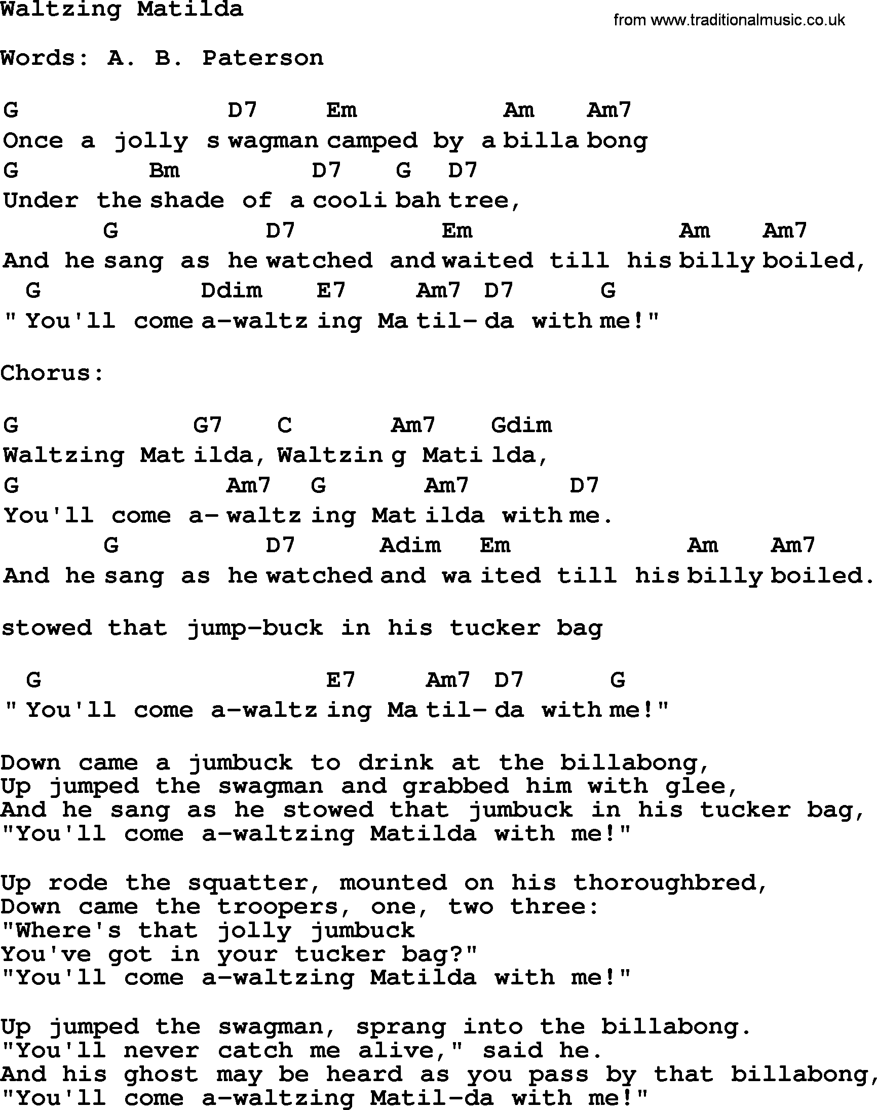 Top 1000 Most Popular Folk and Old-time Songs: Waltzing Matilda, lyrics and chords