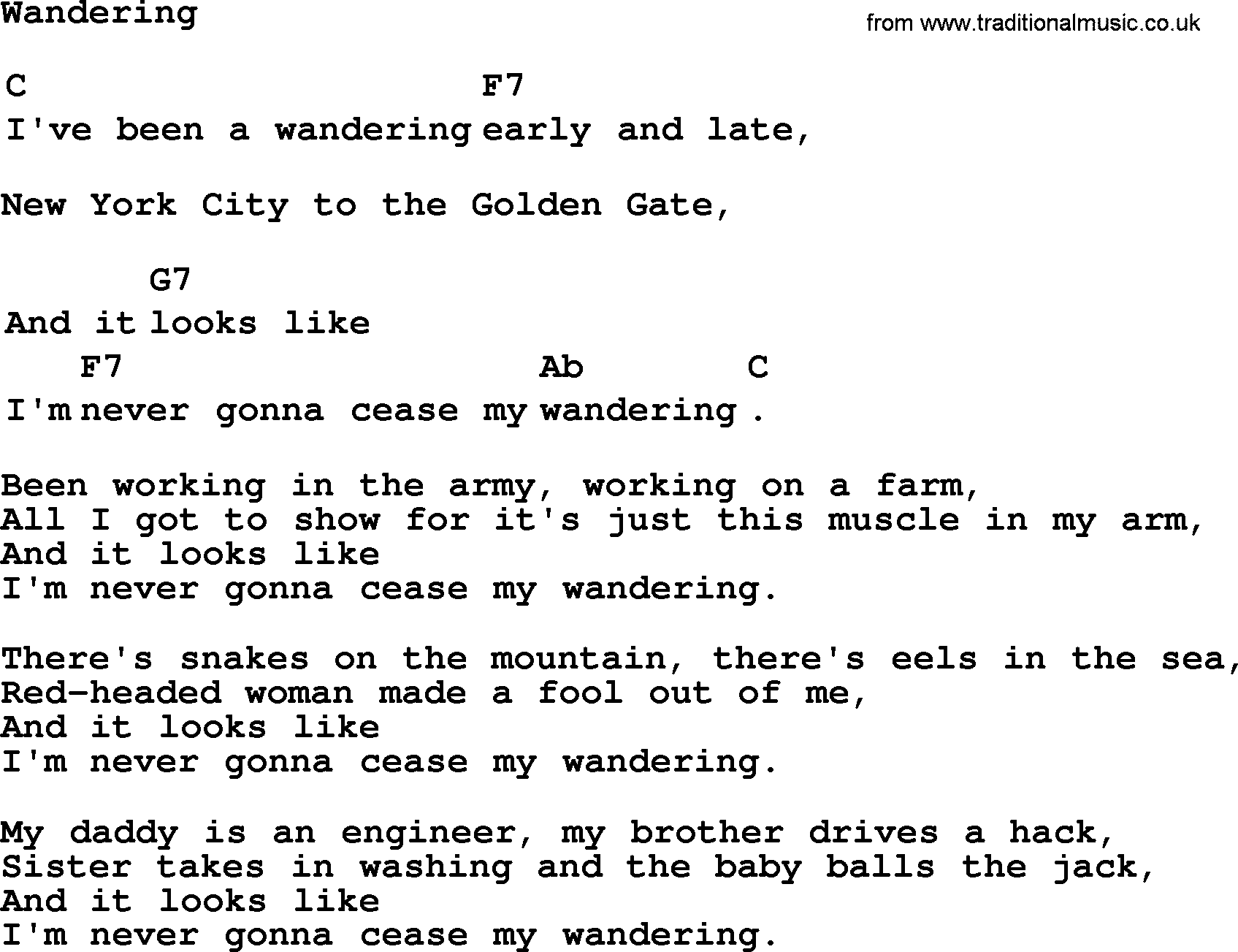 Top 1000 Most Popular Folk and Old-time Songs: Wandering, lyrics and chords