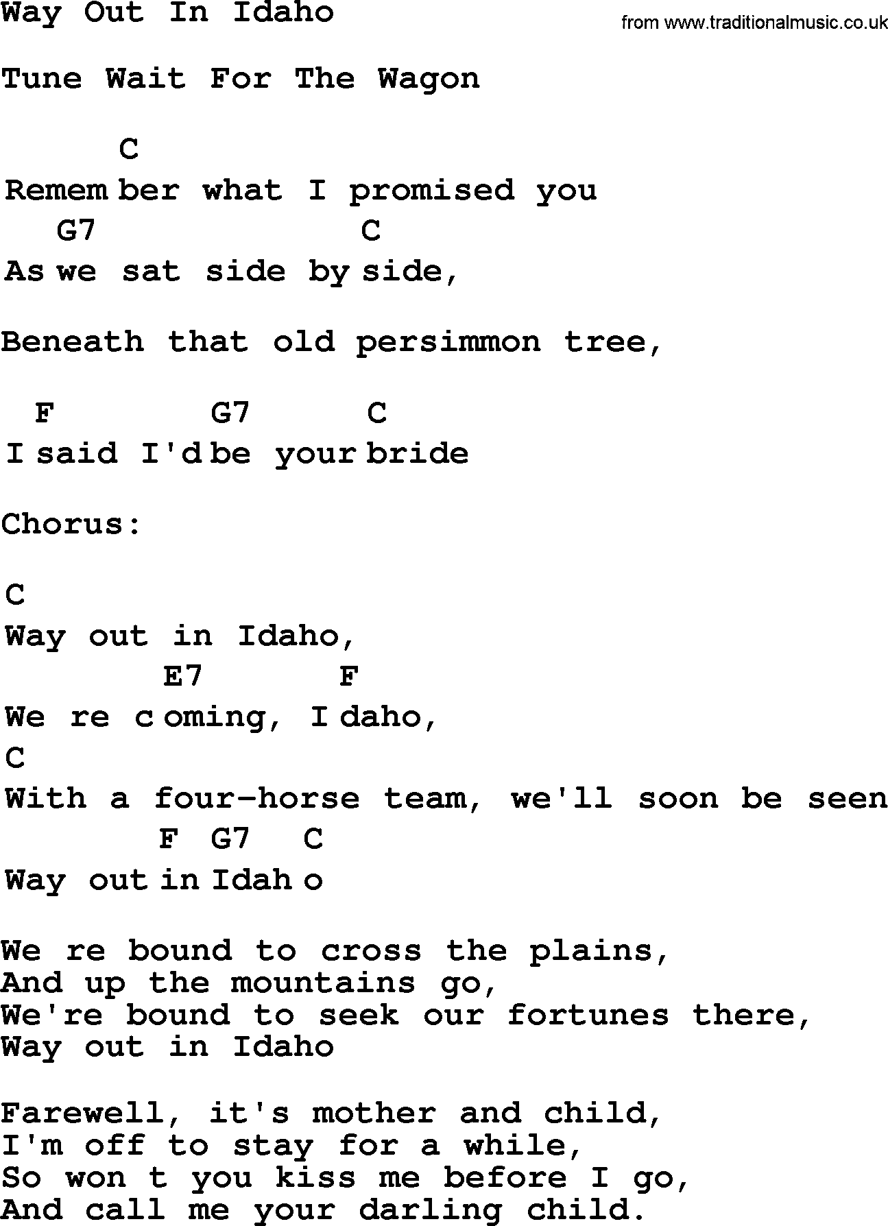Top 1000 Most Popular Folk and Old-time Songs: Way Out In Idaho, lyrics and chords