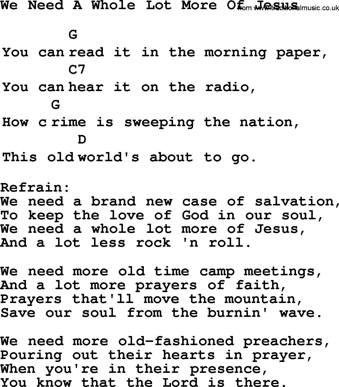 Top 1000 Most Popular Folk and Old-time Songs: We Need A Whole Lot More Of Jesus, lyrics and chords