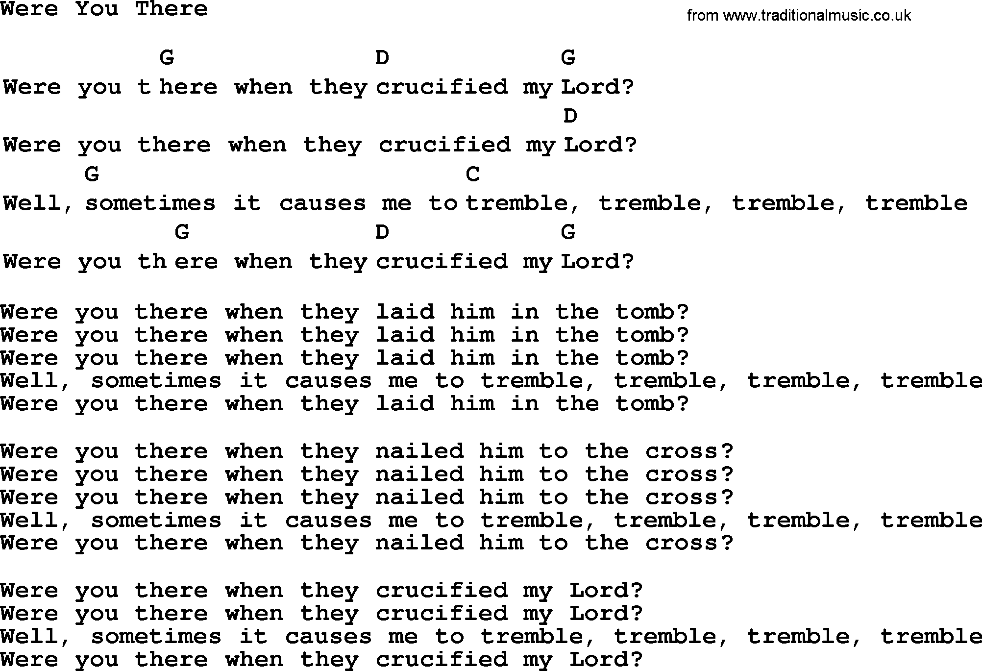 Top 1000 Most Popular Folk and Old-time Songs: Were You There, lyrics and chords