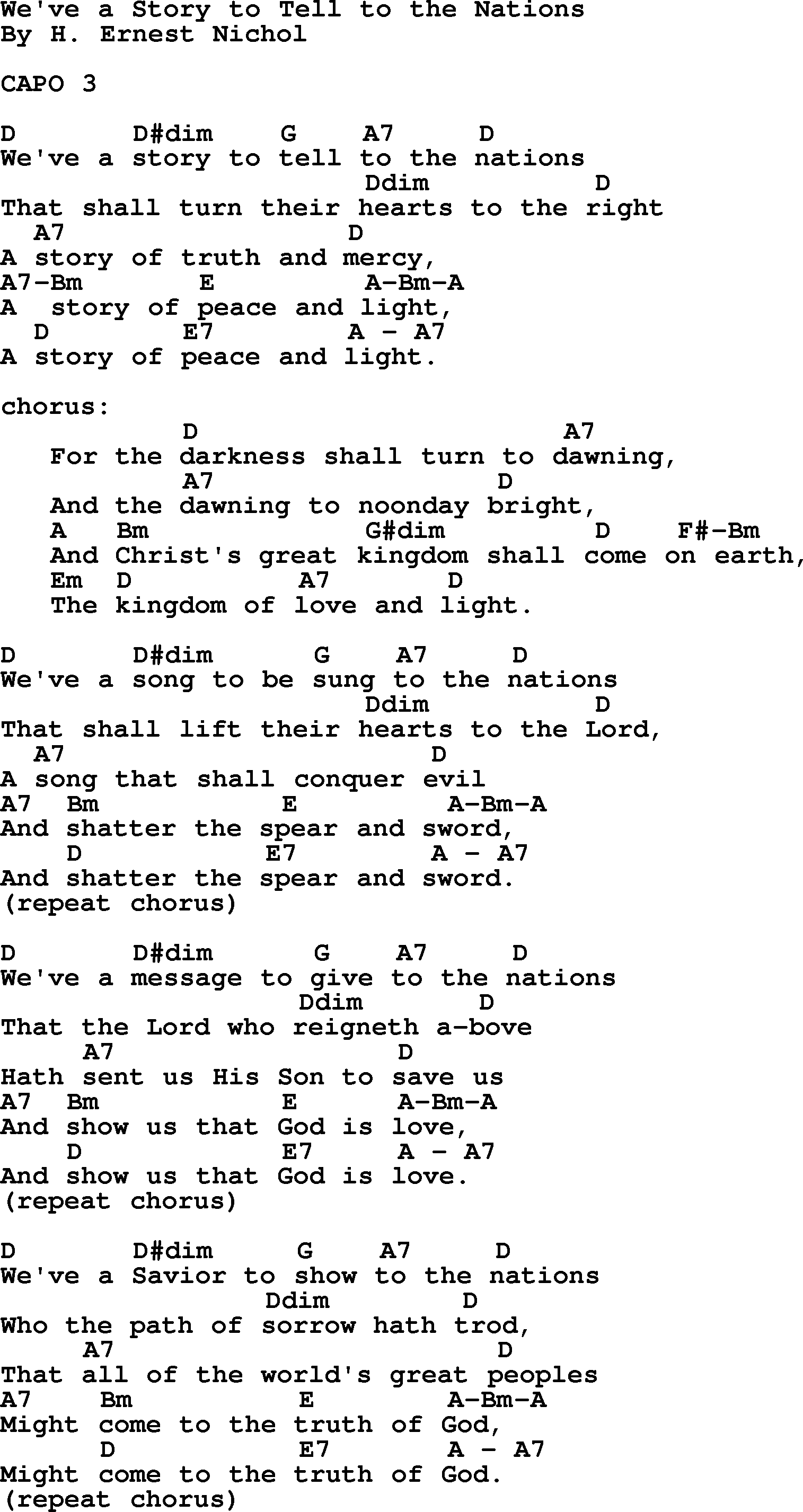 Top 1000 Most Popular Folk and Old-time Songs: We've A Story To Tell To The Nations, lyrics and chords