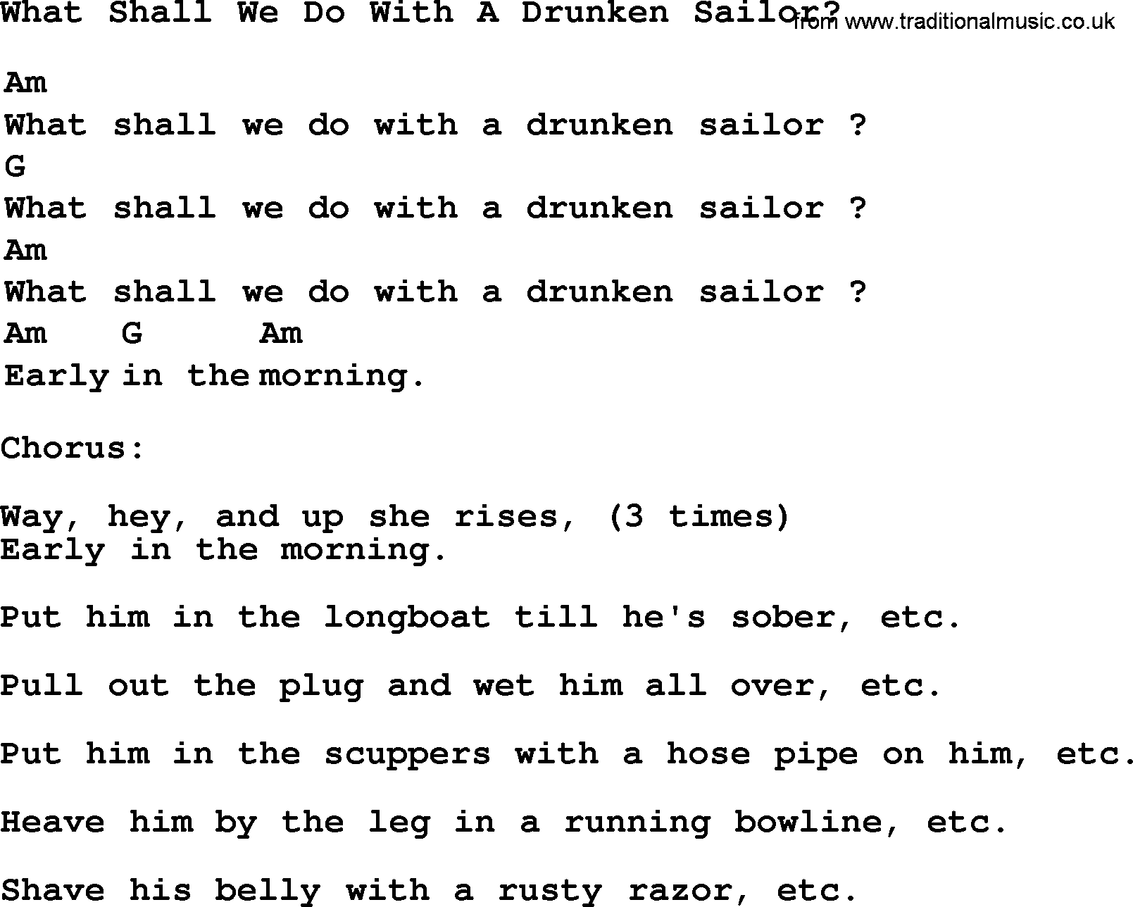 Top 1000 Most Popular Folk and Old-time Songs: What Shall We Do With A Drunken Sailor, lyrics and chords