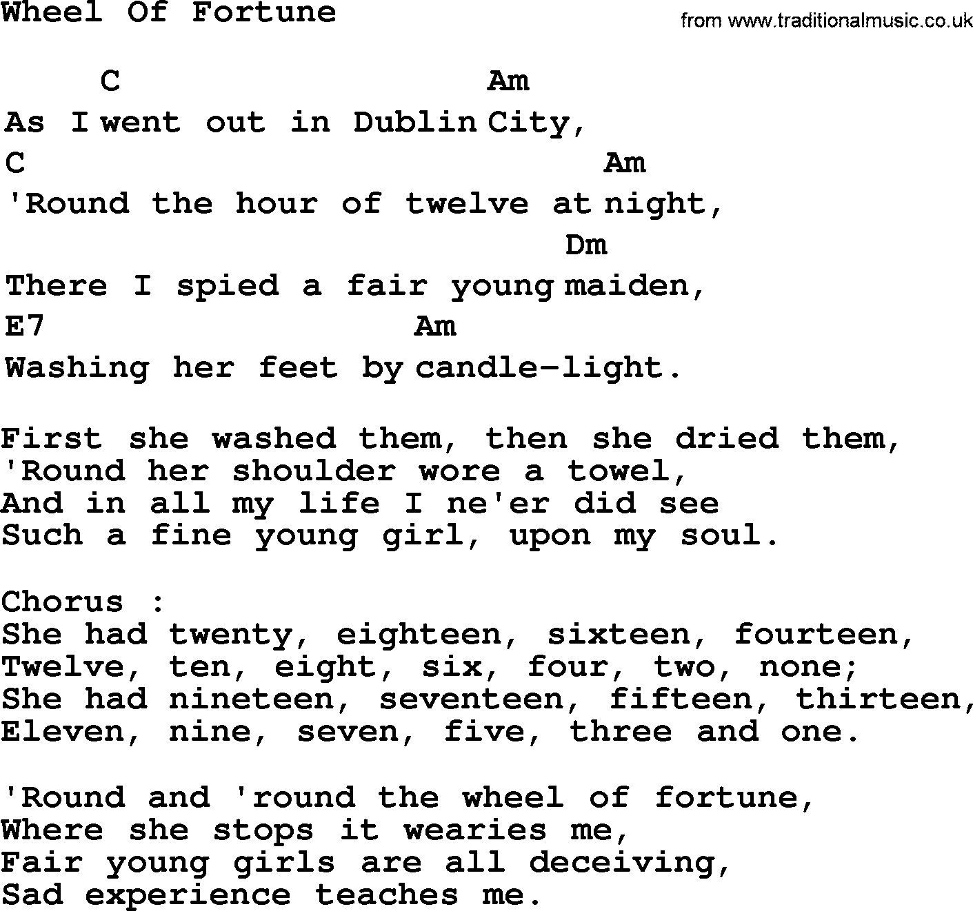 Top 1000 Most Popular Folk and Old-time Songs: Wheel Of Fortune, lyrics and chords