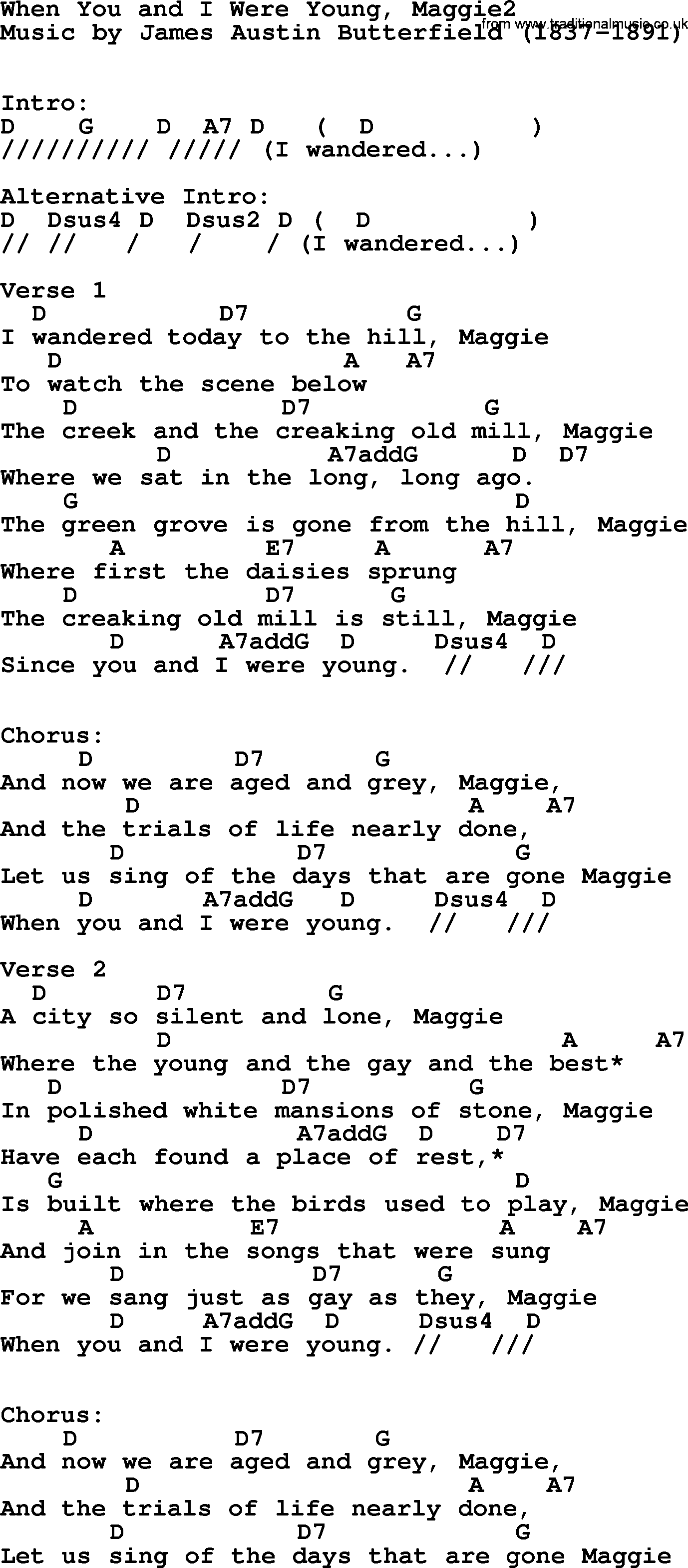 Top 1000 Most Popular Folk and Old-time Songs: When You And I Were Young, Maggie2, lyrics and chords