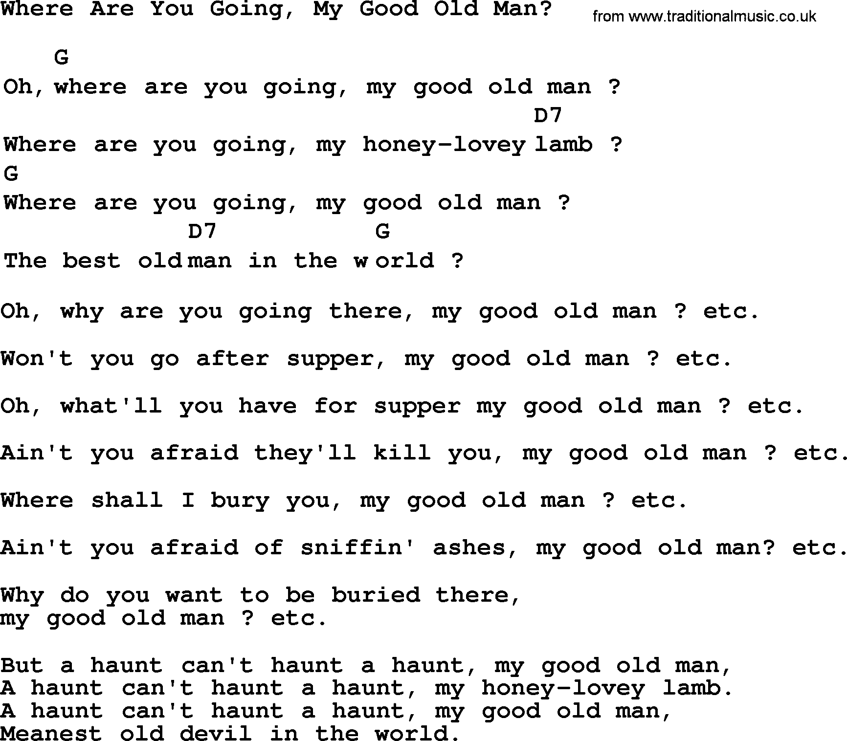 Top 1000 Most Popular Folk and Old-time Songs: Where Are You Going, My Good Old Man, lyrics and chords